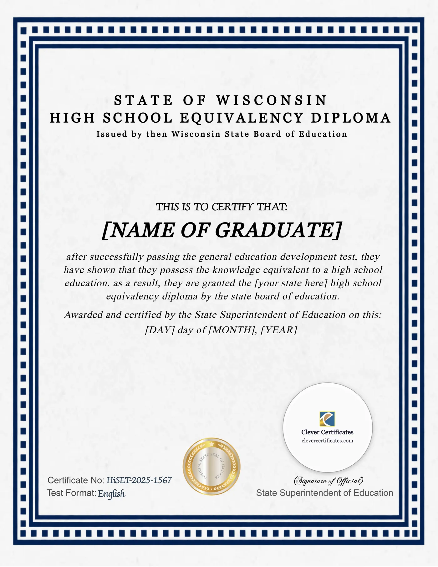 Wisconsin HiSET Portrait — Certificate Template Preview