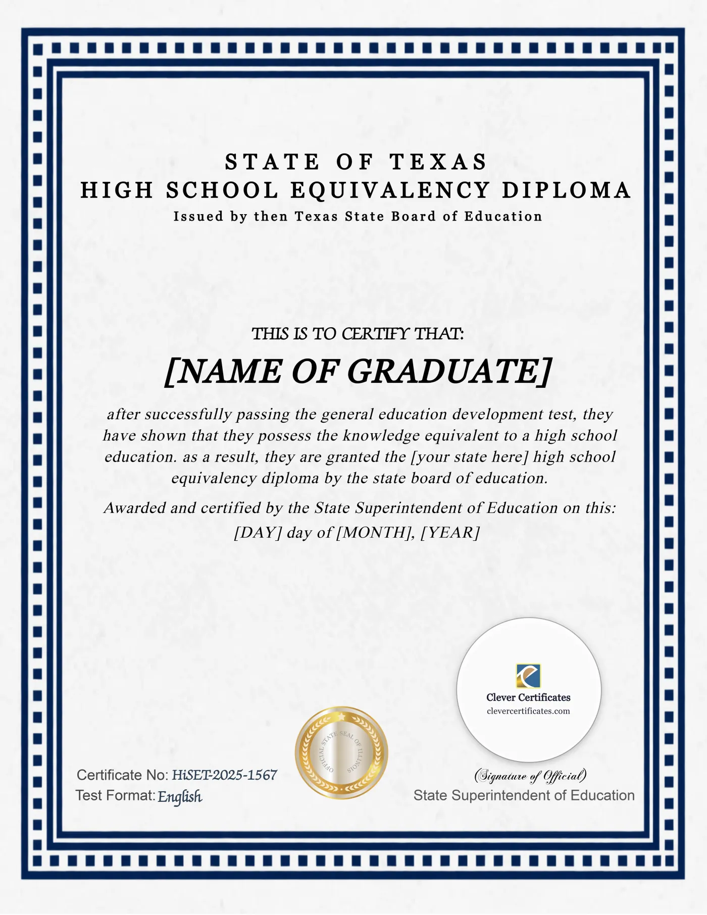 Texas HiSET Portrait — Certificate Template Preview