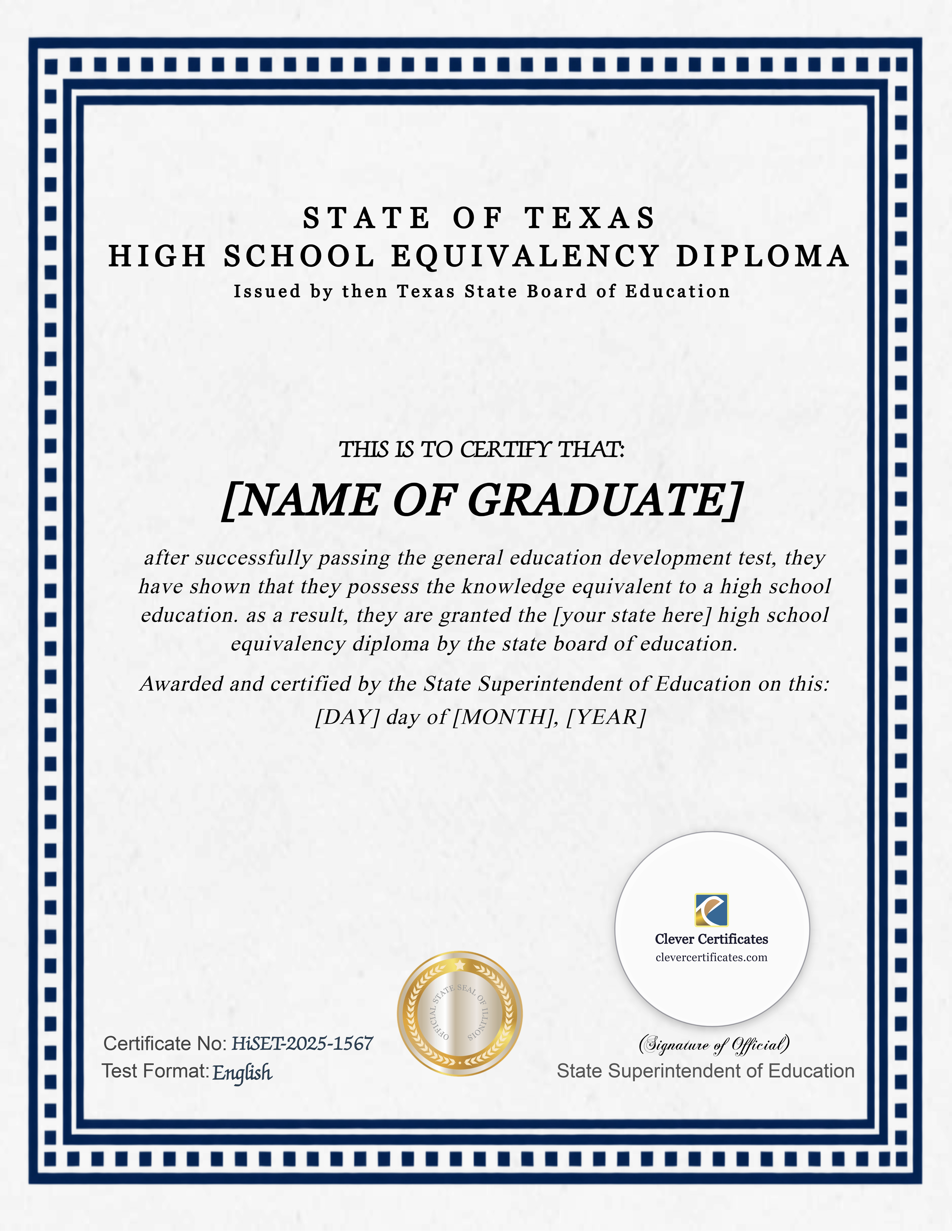 Texas HiSET Portrait — Certificate Template Preview