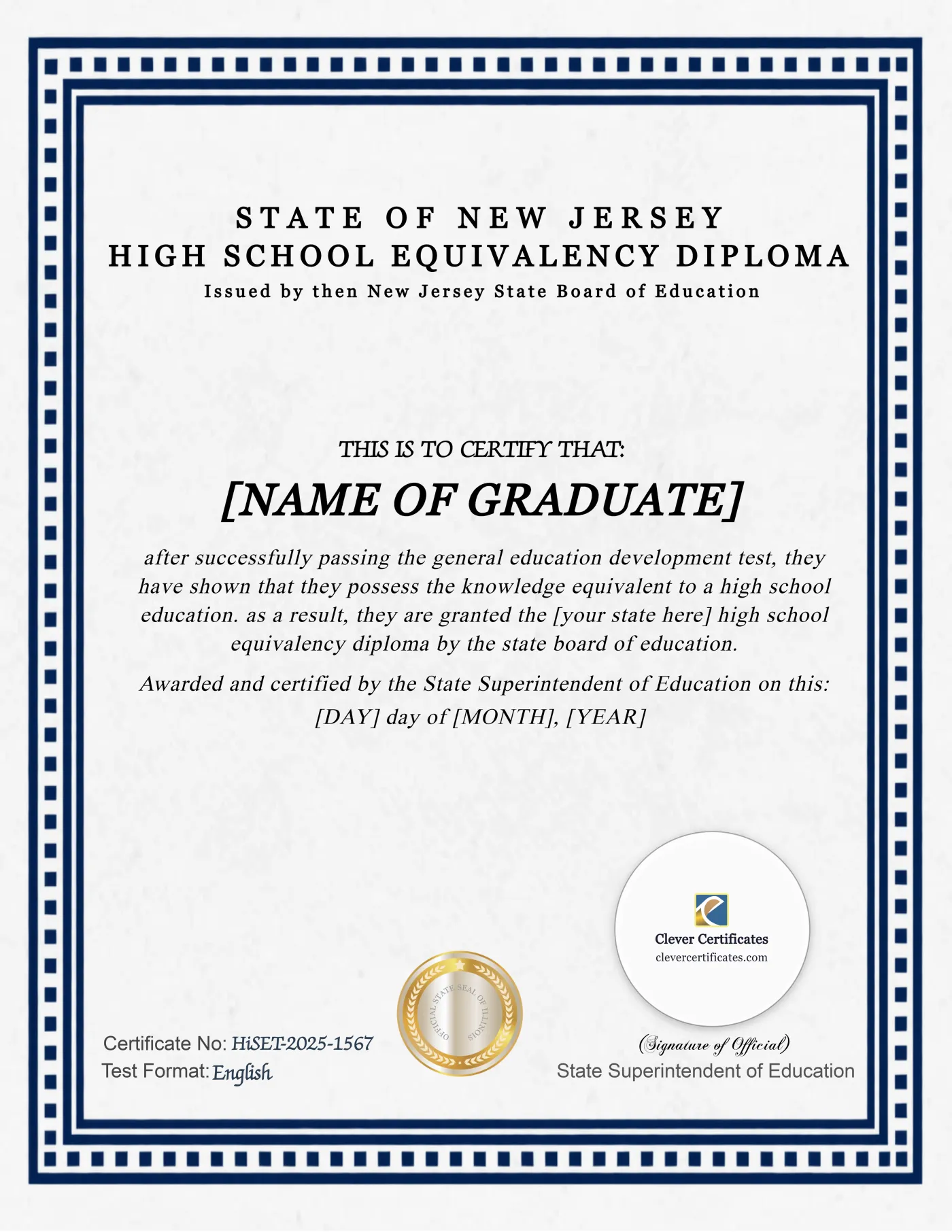 New Jersey HiSET Portrait — Certificate Template Preview