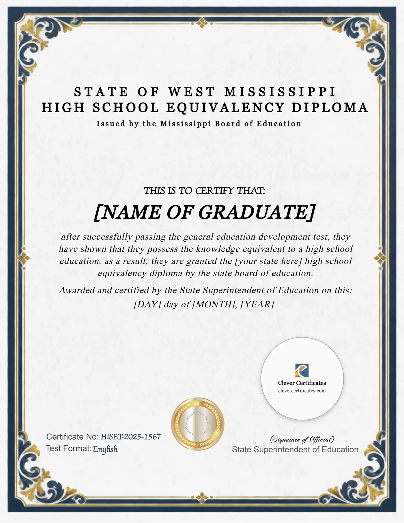 Mississippi HiSET Portrait — Certificate Template Preview