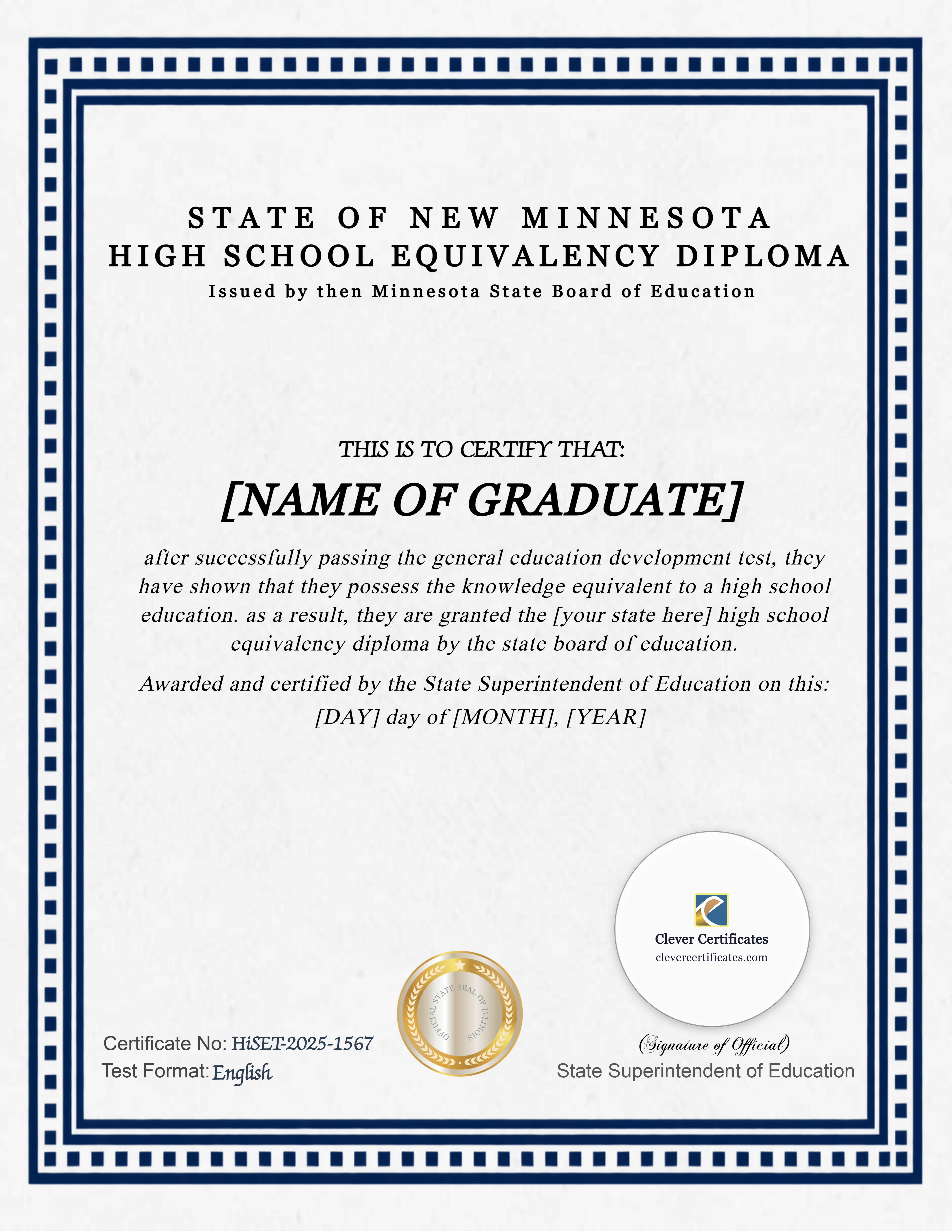 Minnesota HiSET Portrait — Certificate Template Preview
