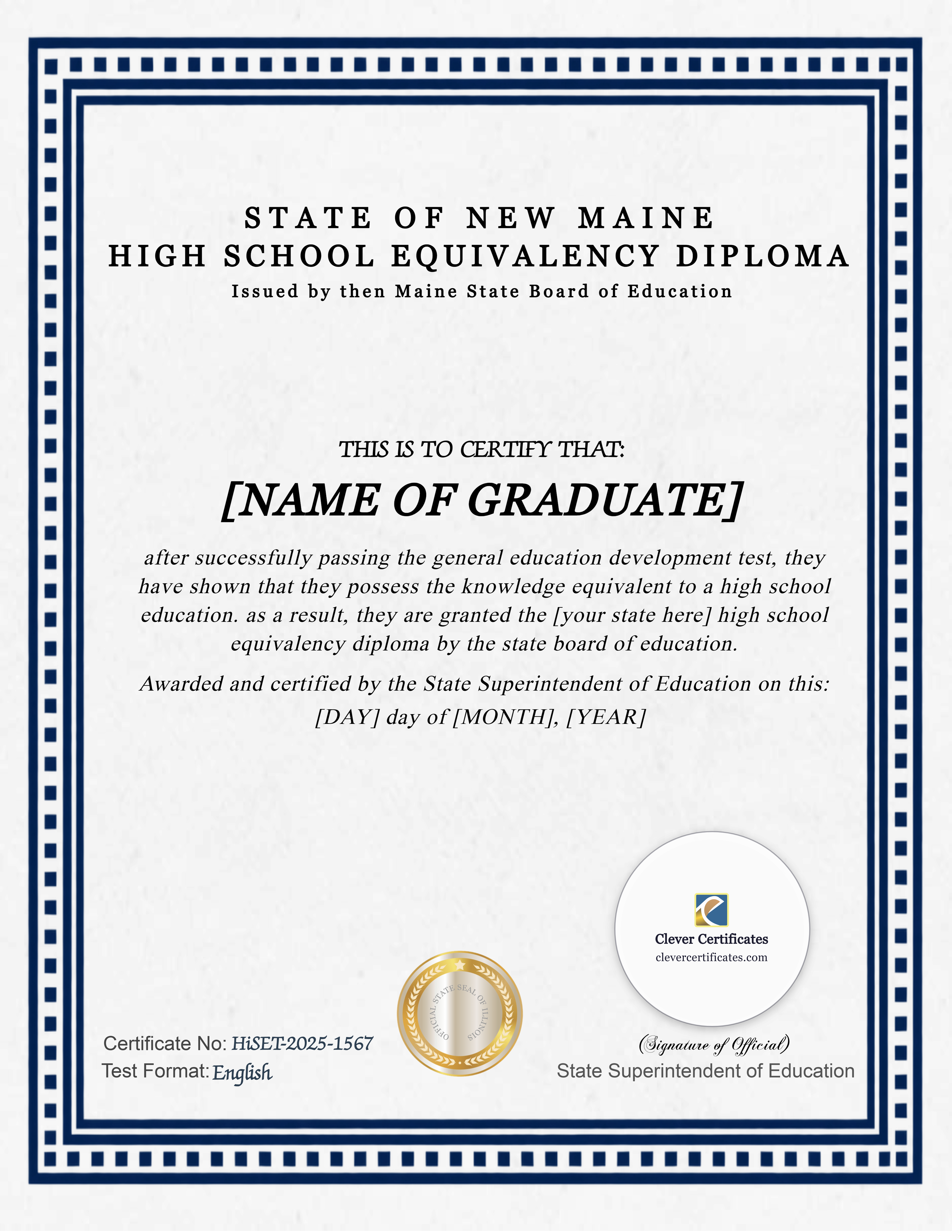 Maine HiSET Portrait — Certificate Template Preview