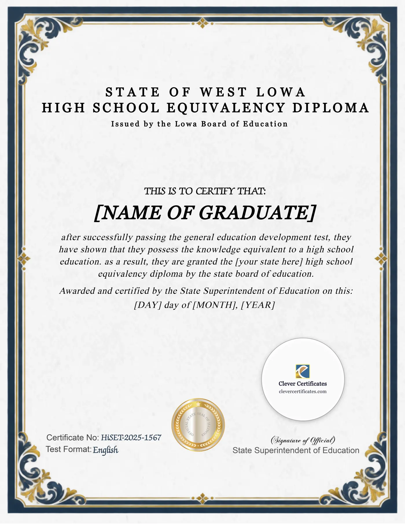 Iowa HiSET Portrait — Certificate Template Preview