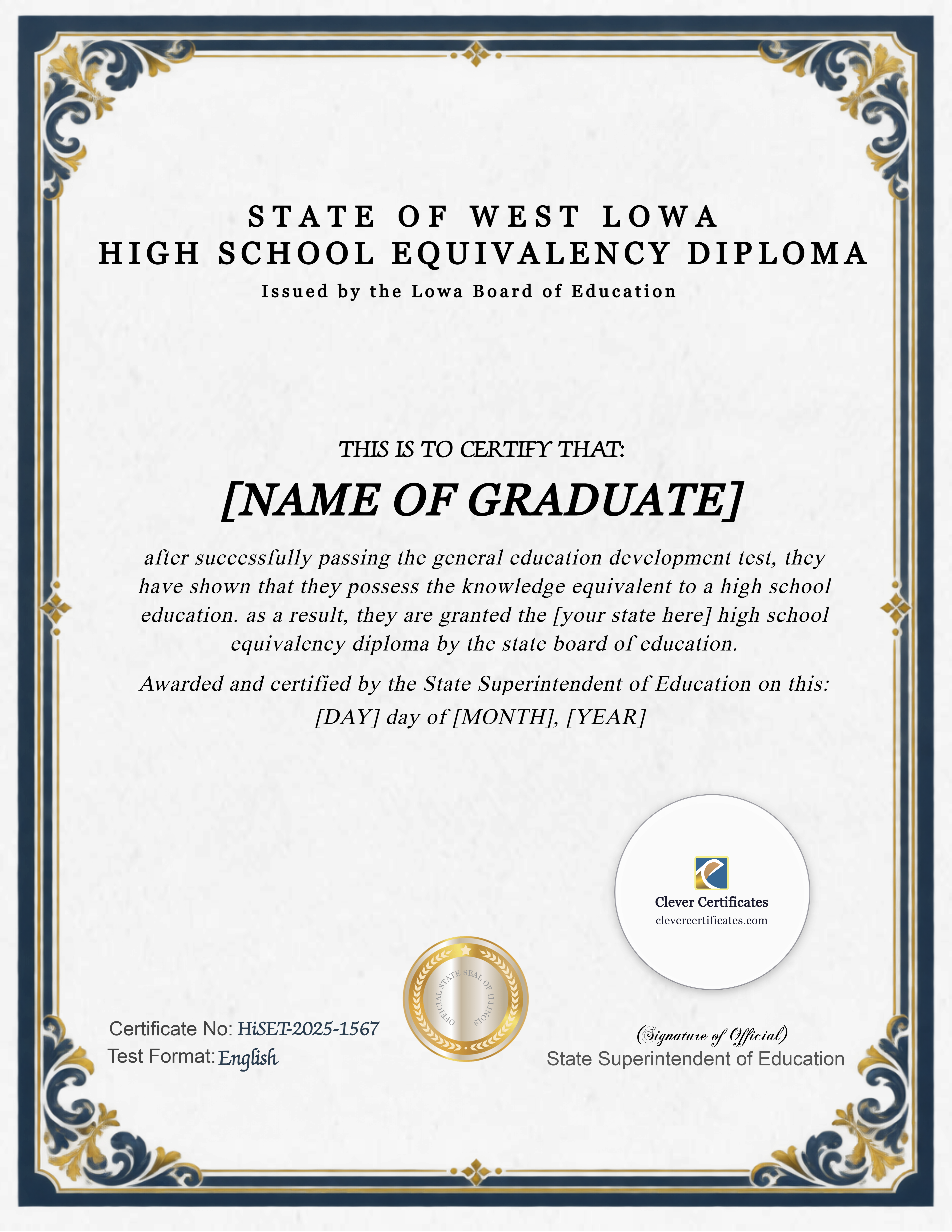 Iowa HiSET Portrait — Certificate Template Preview