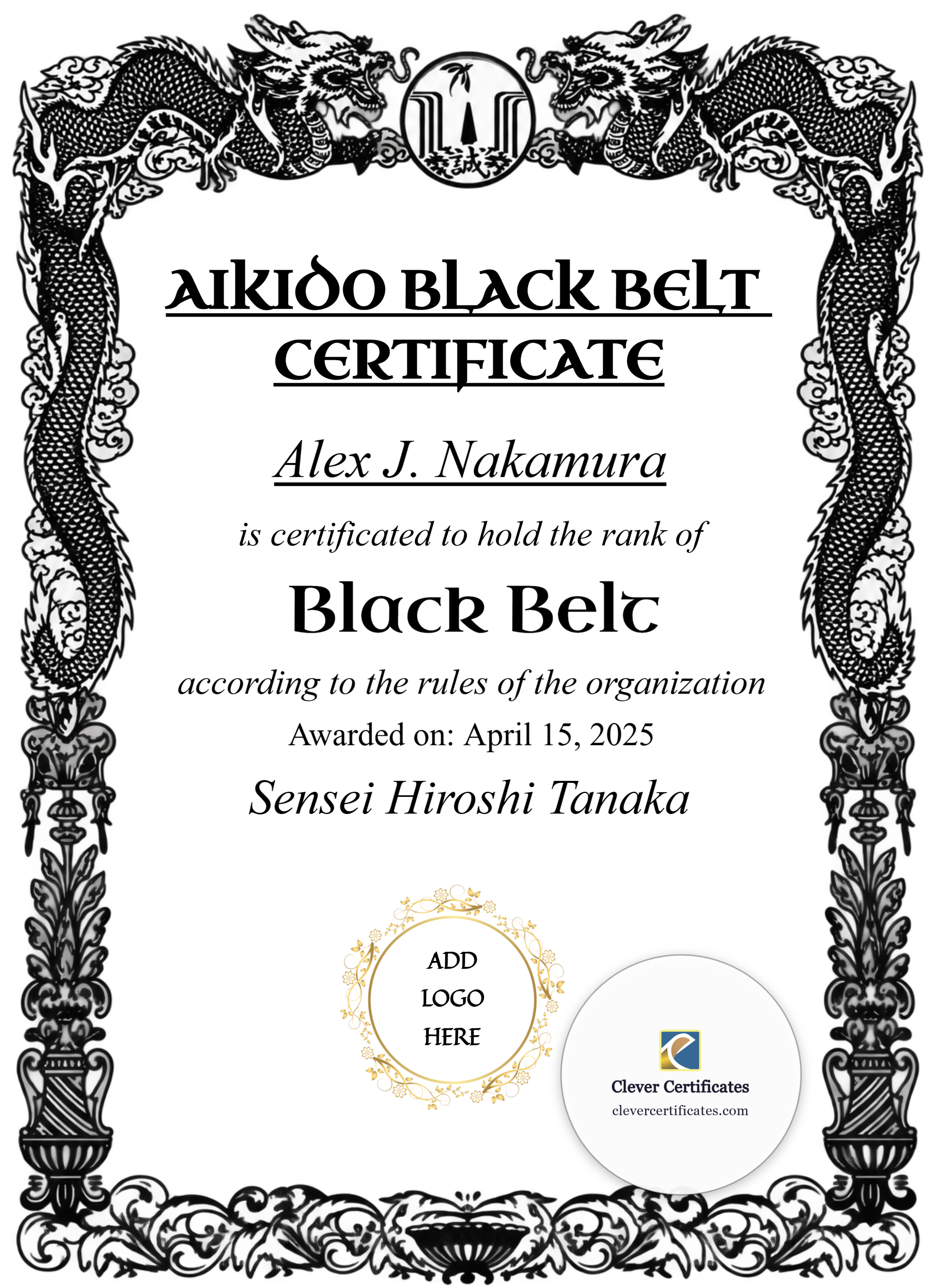 Aikido Black Belt Certificate Portrait — Certificate Template Preview