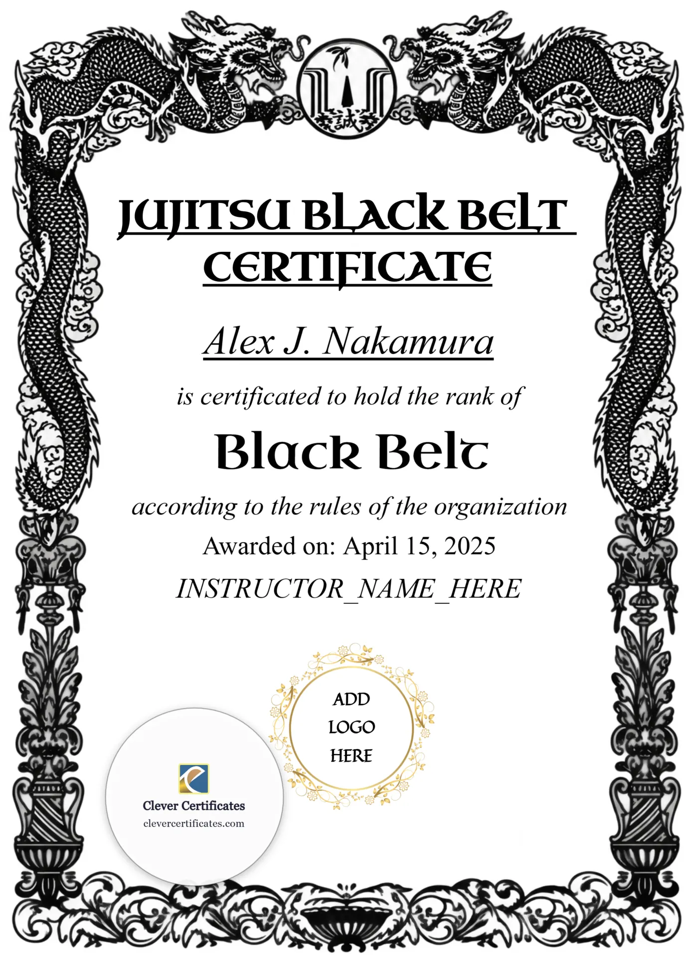 Brazilian Jiu Jitsu Black Belt Portrait — Certificate Template Preview