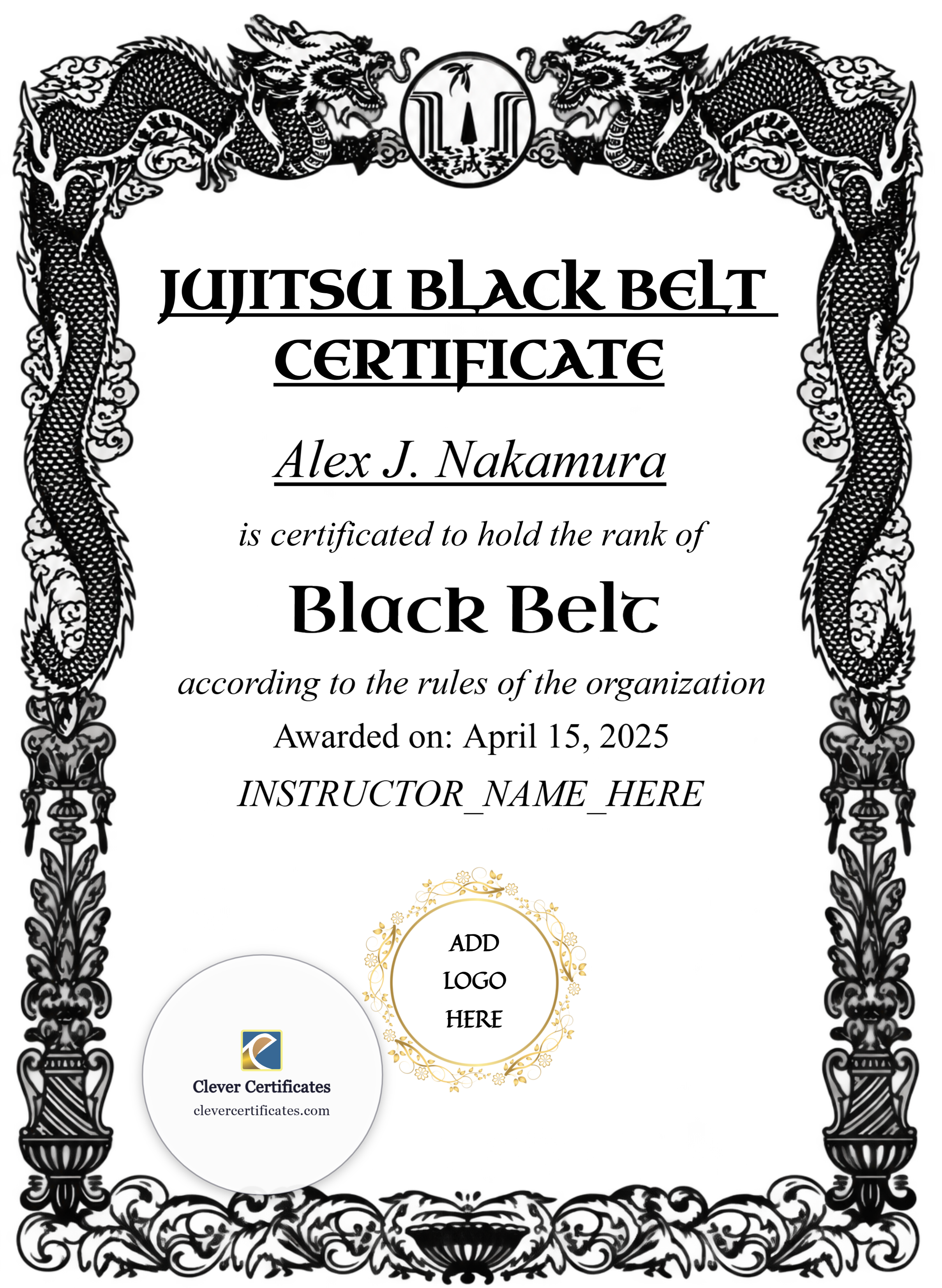Brazilian Jiu Jitsu Black Belt Portrait — Certificate Template Preview