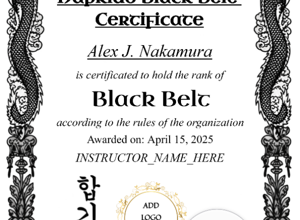 Hapkido Black Belt Certificate Portrait — Certificate Template Preview