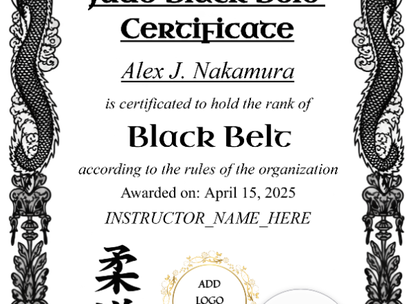 Judo Black Belt Certificate Portrait — Certificate Template Preview