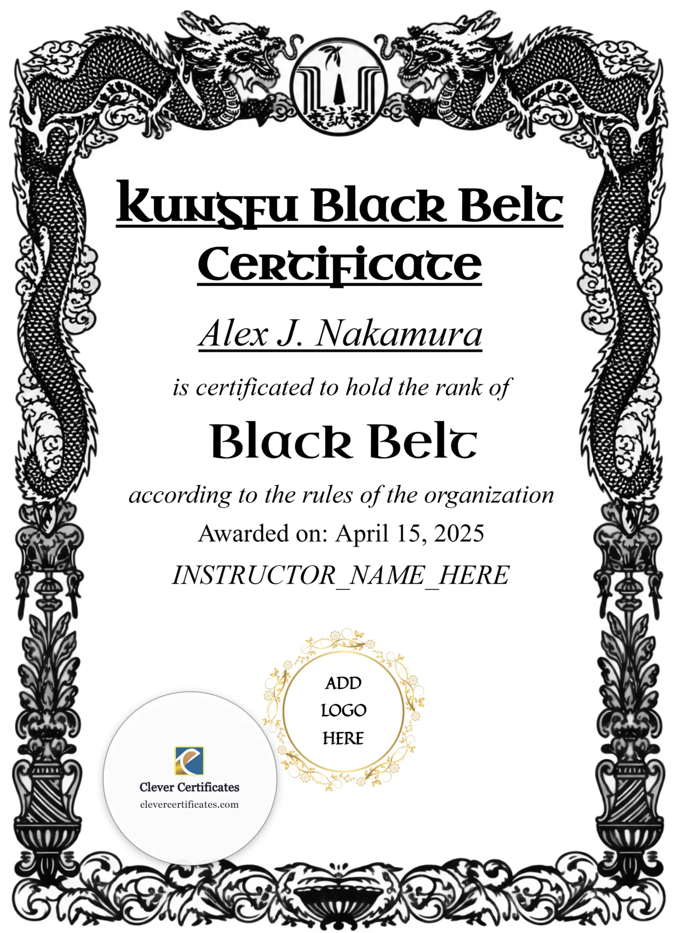 Kungfu Black Belt Certificate Portrait — Certificate Template Preview