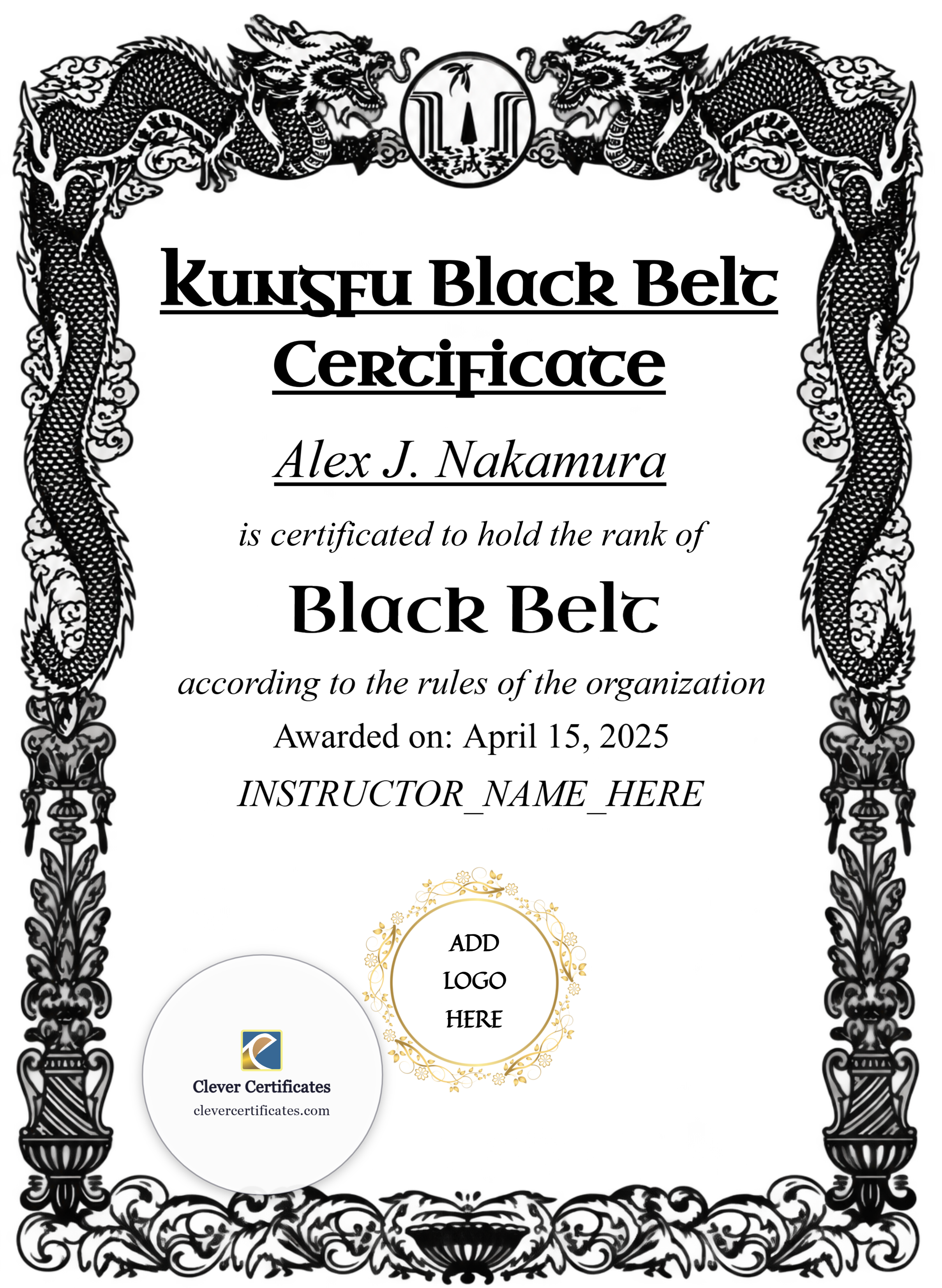 Kungfu Black Belt Certificate Portrait — Certificate Template Preview