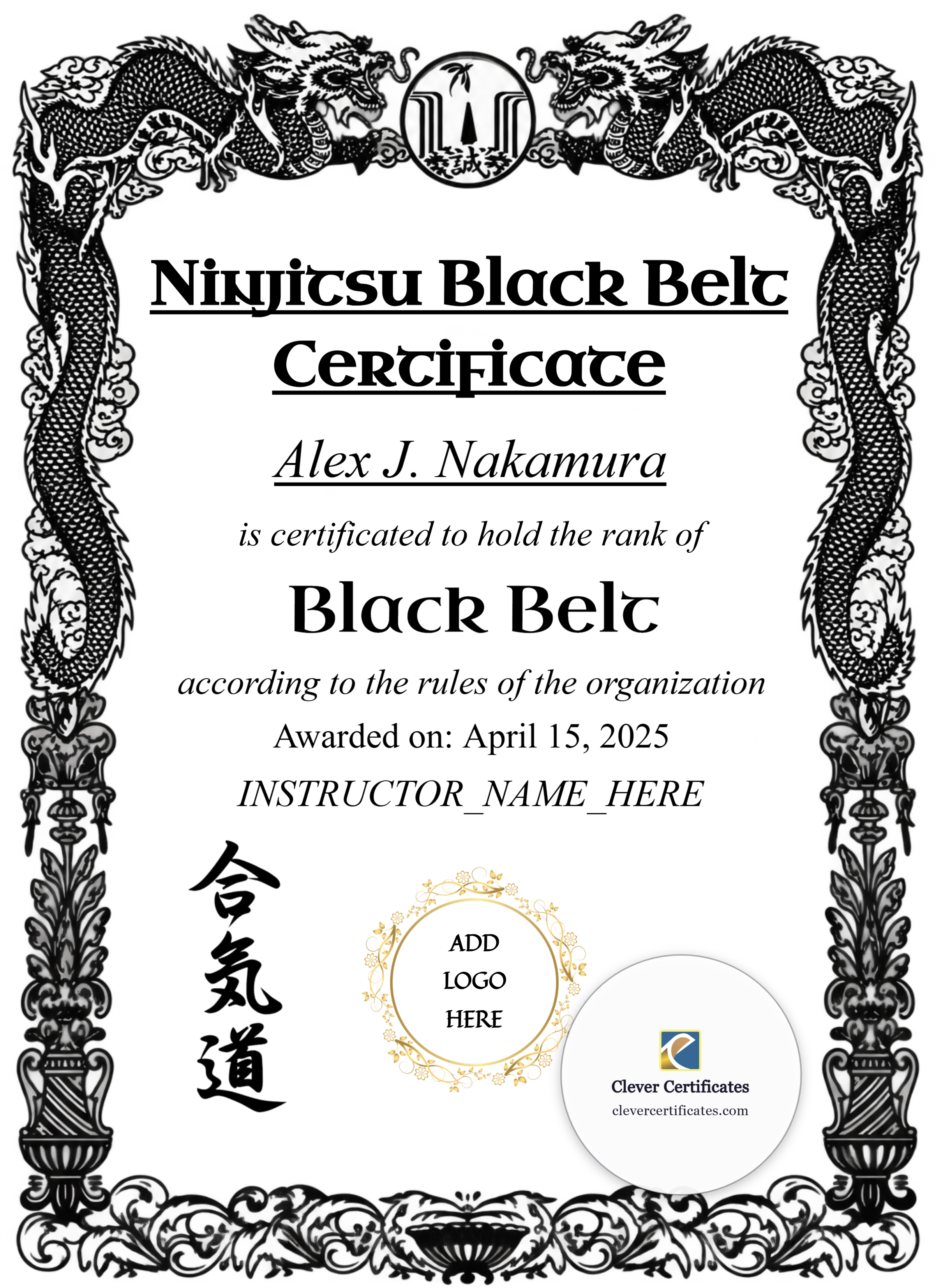 Ninjitsu Black Belt Certificate Portrait — Certificate Template Preview