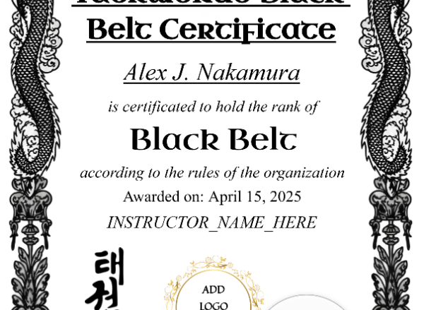 Taekwondo Black Belt Certificate — Portrait