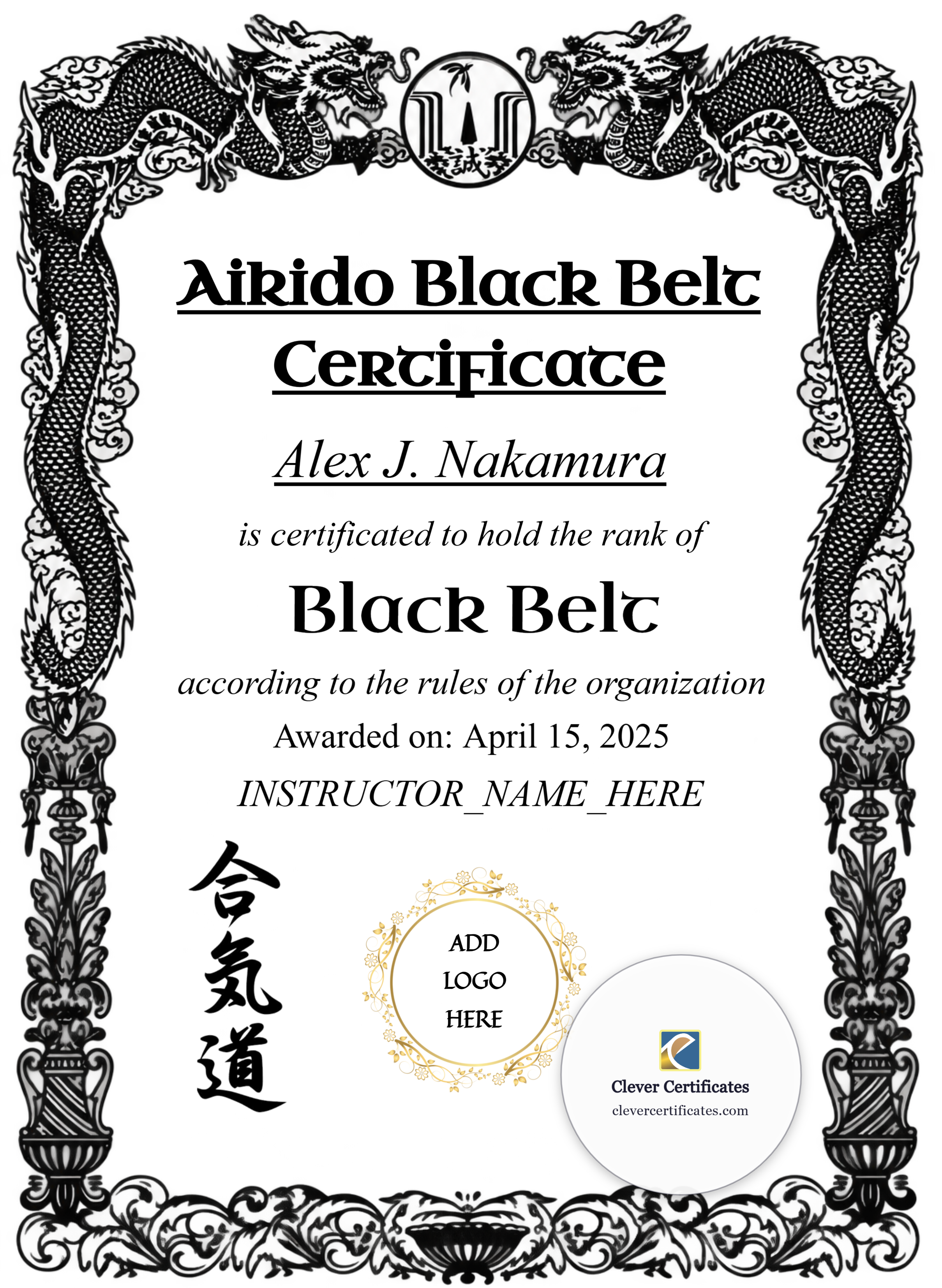 Ninjitsu Black Belt Certificate Portrait Style 2 — Certificate Template Preview