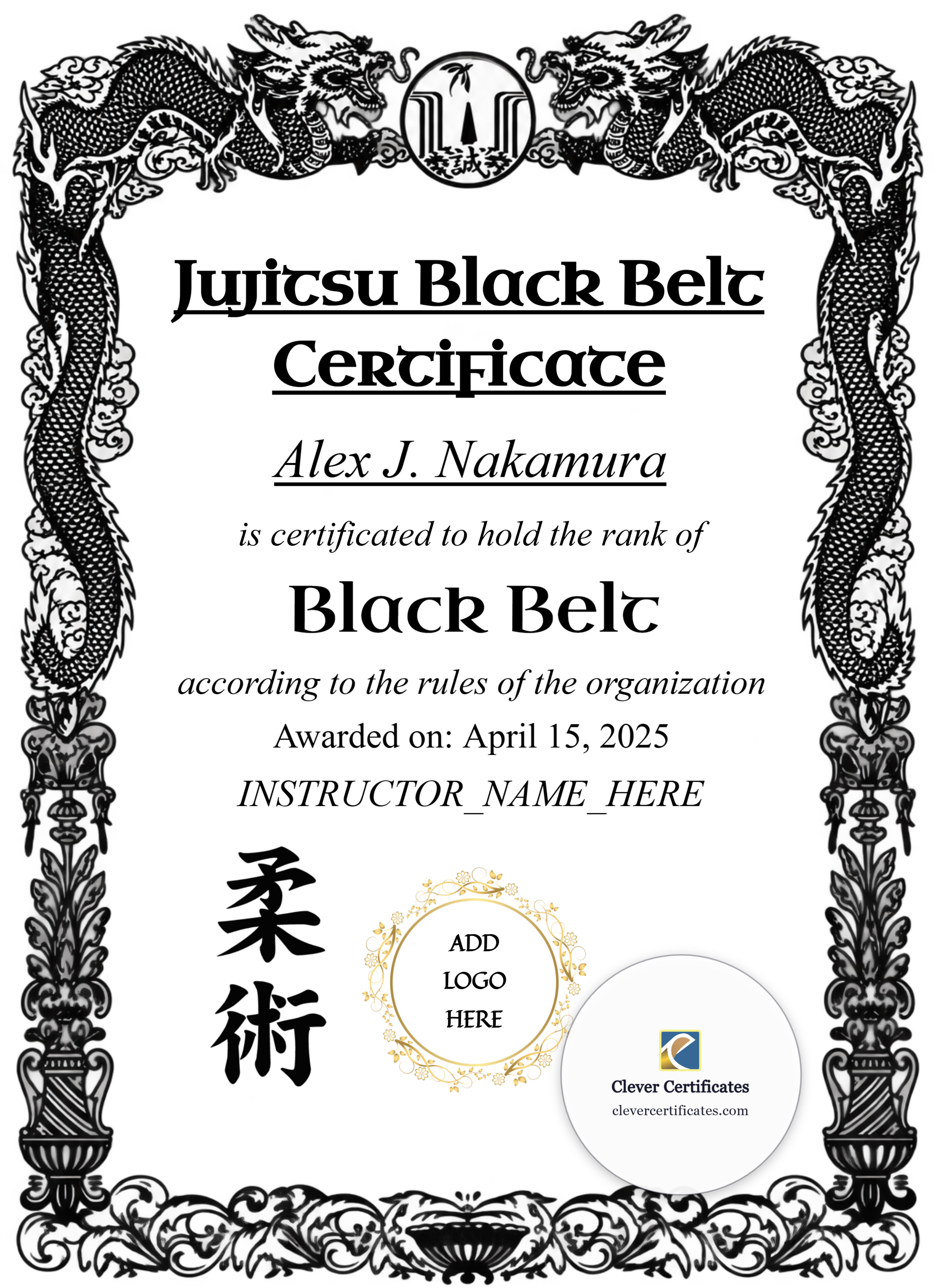 Brazilian Jiu Jitsu Black Belt Portrait Style 2 — Certificate Template Preview
