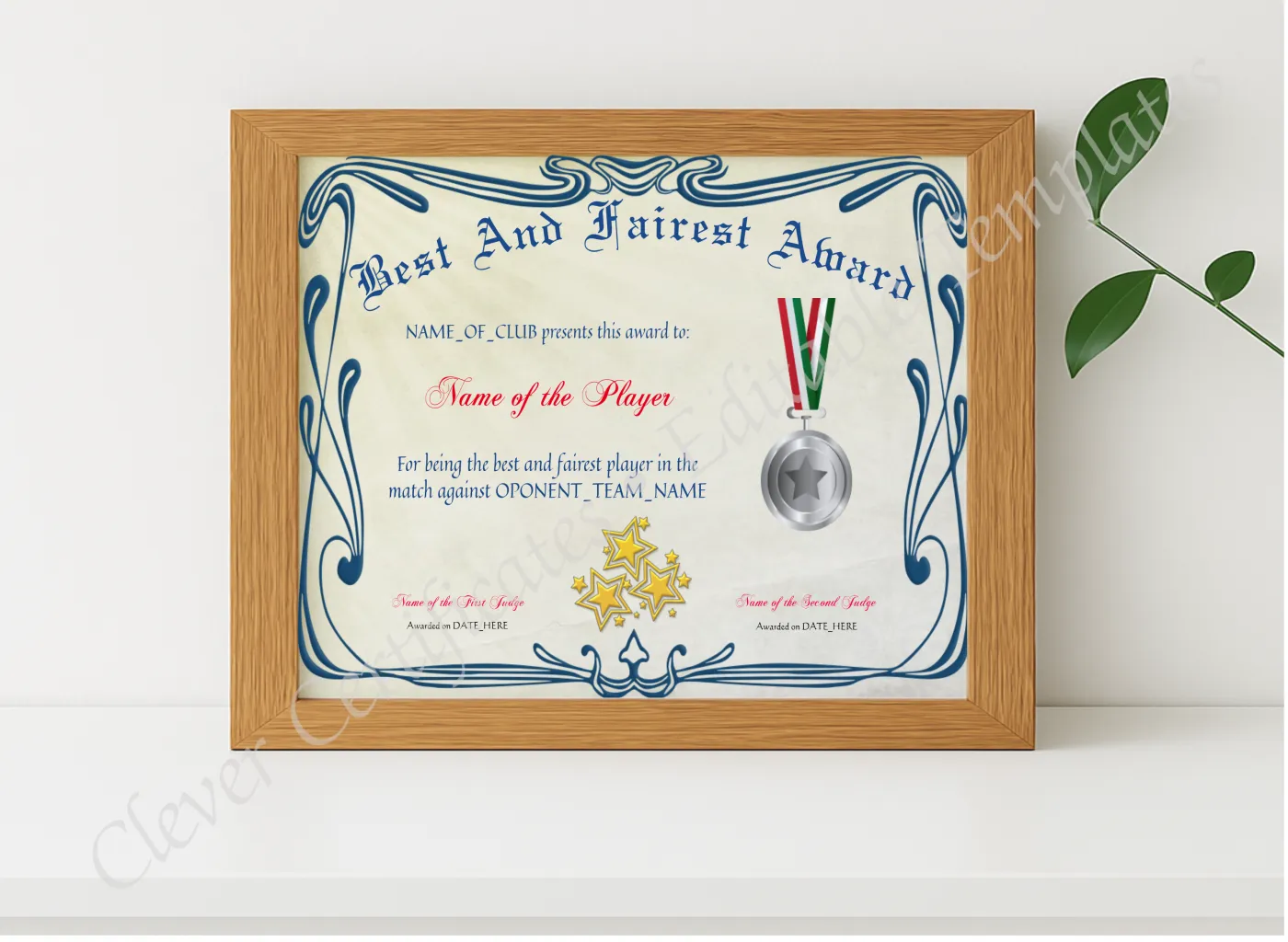 Realistic mockup featuring Best And Fairest Award displayed within a modern frame, set against a minimalistic background.