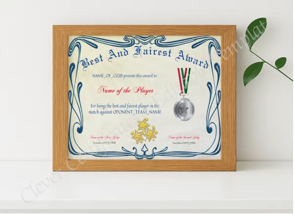 Realistic mockup featuring Best And Fairest Award displayed within a modern frame, set against a minimalistic background.