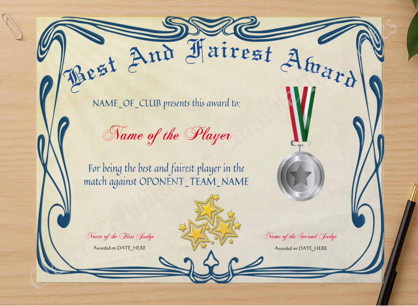 Professional preview of Best And Fairest Award certificate on high-quality stationery paper, ideal for showcasing the final look.