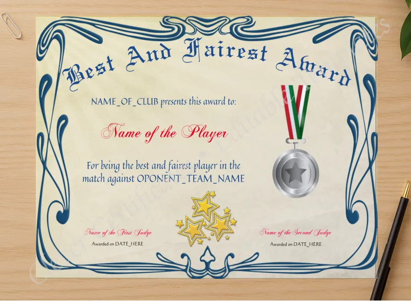 Professional preview of Best And Fairest Award certificate on high-quality stationery paper, ideal for showcasing the final look.