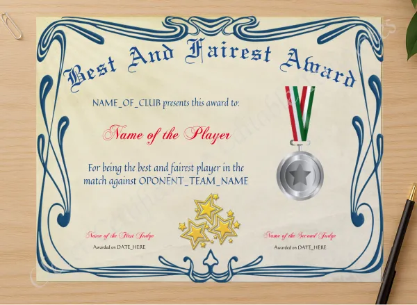 Professional preview of Best And Fairest Award certificate on high-quality stationery paper, ideal for showcasing the final look.