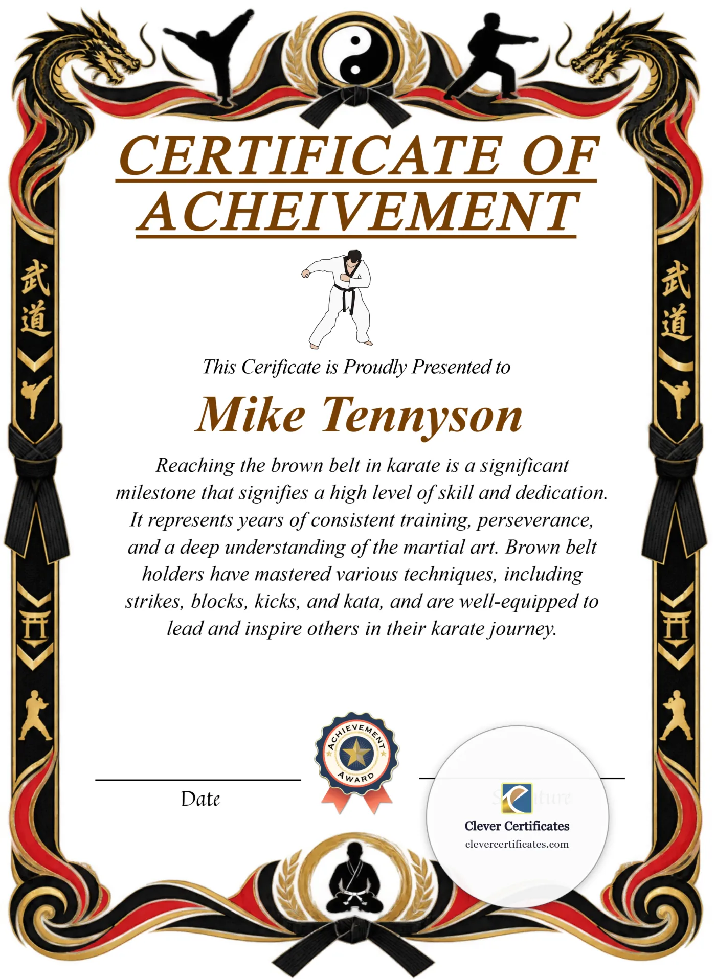 Karate Brown Belt Certificate Portrait — Certificate Template Preview