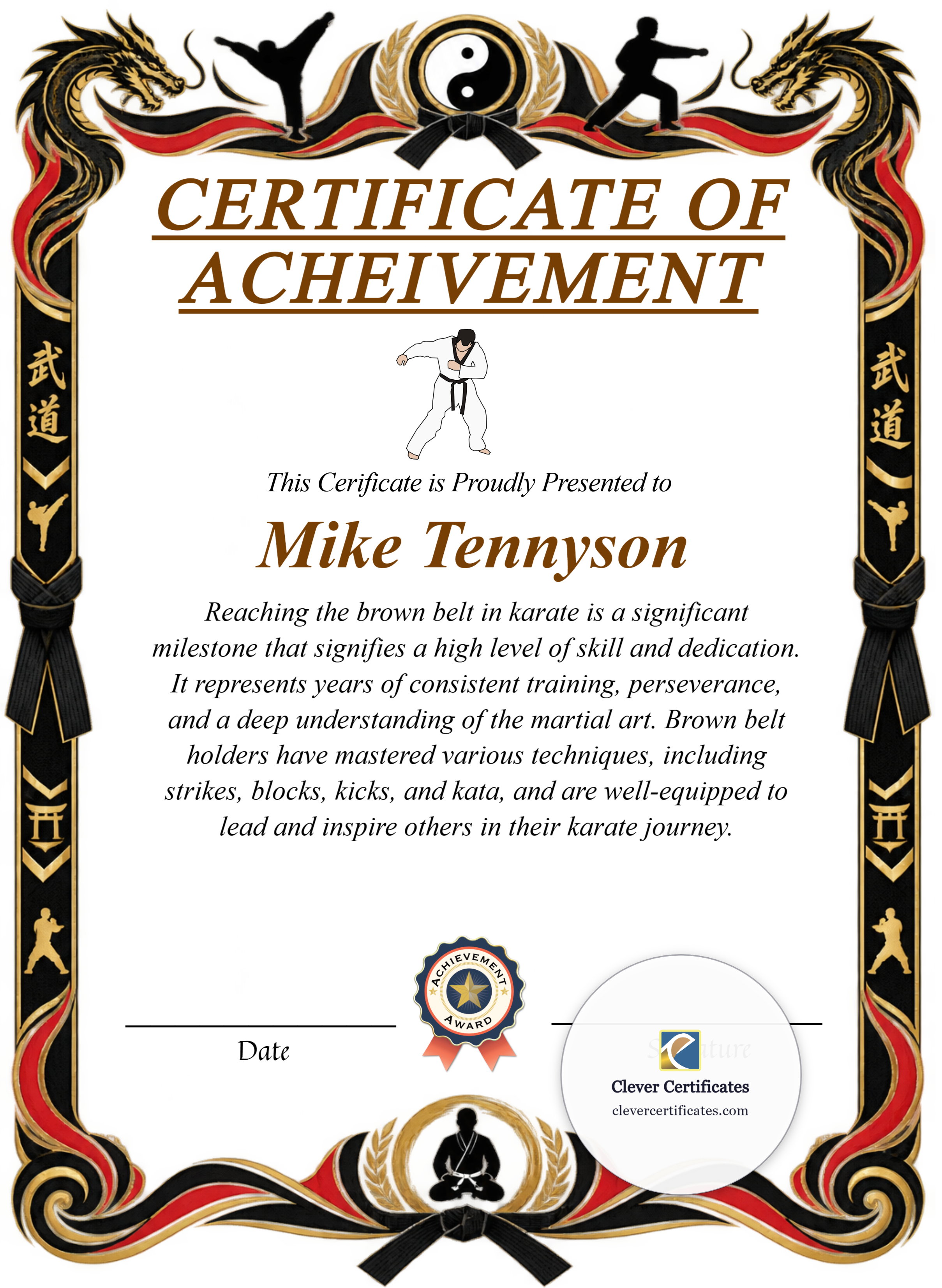 Karate Brown Belt Certificate Portrait — Certificate Template Preview
