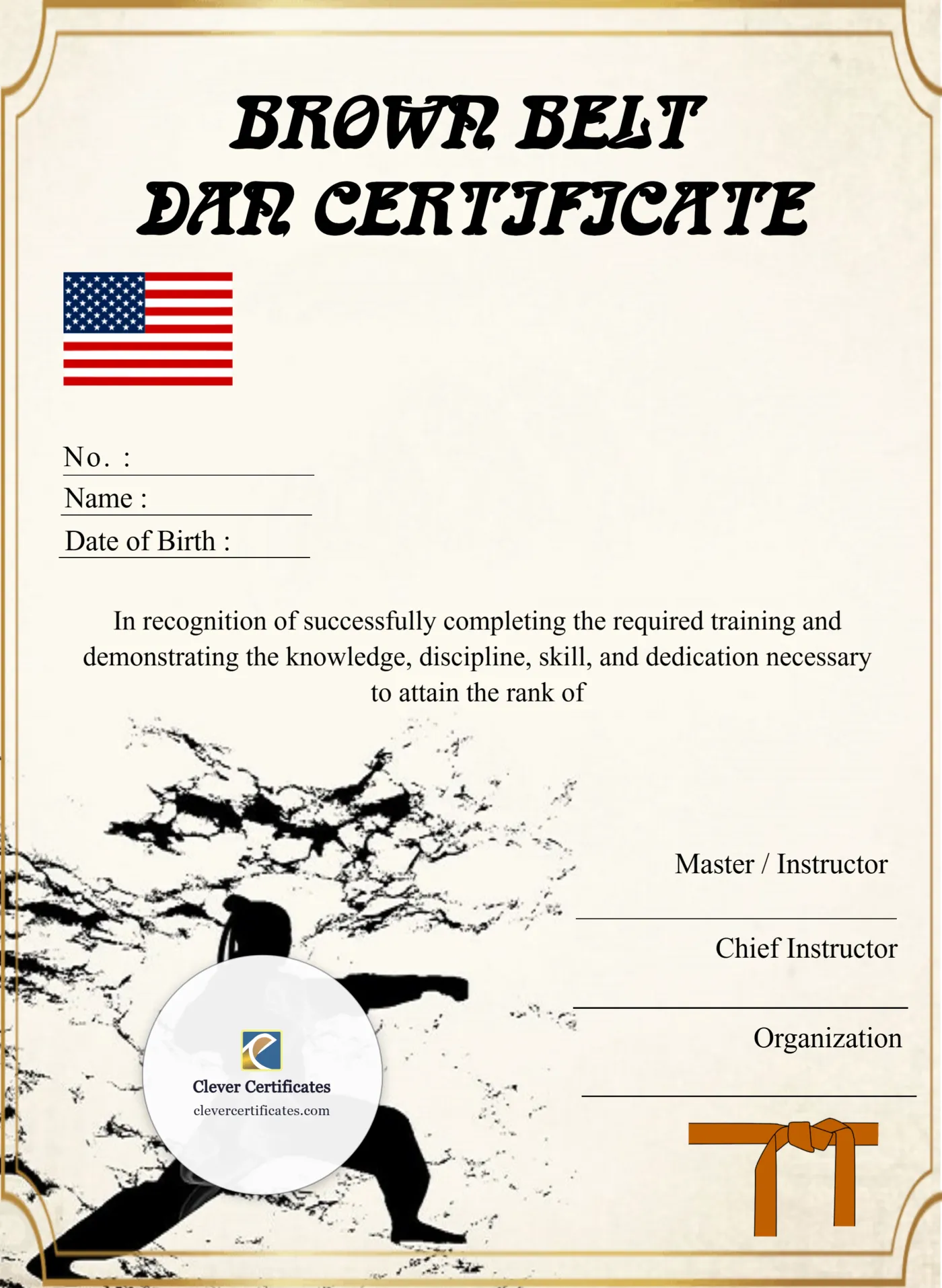 Editable Brown Belt Dan Certificate Portrait — Certificate Template Preview