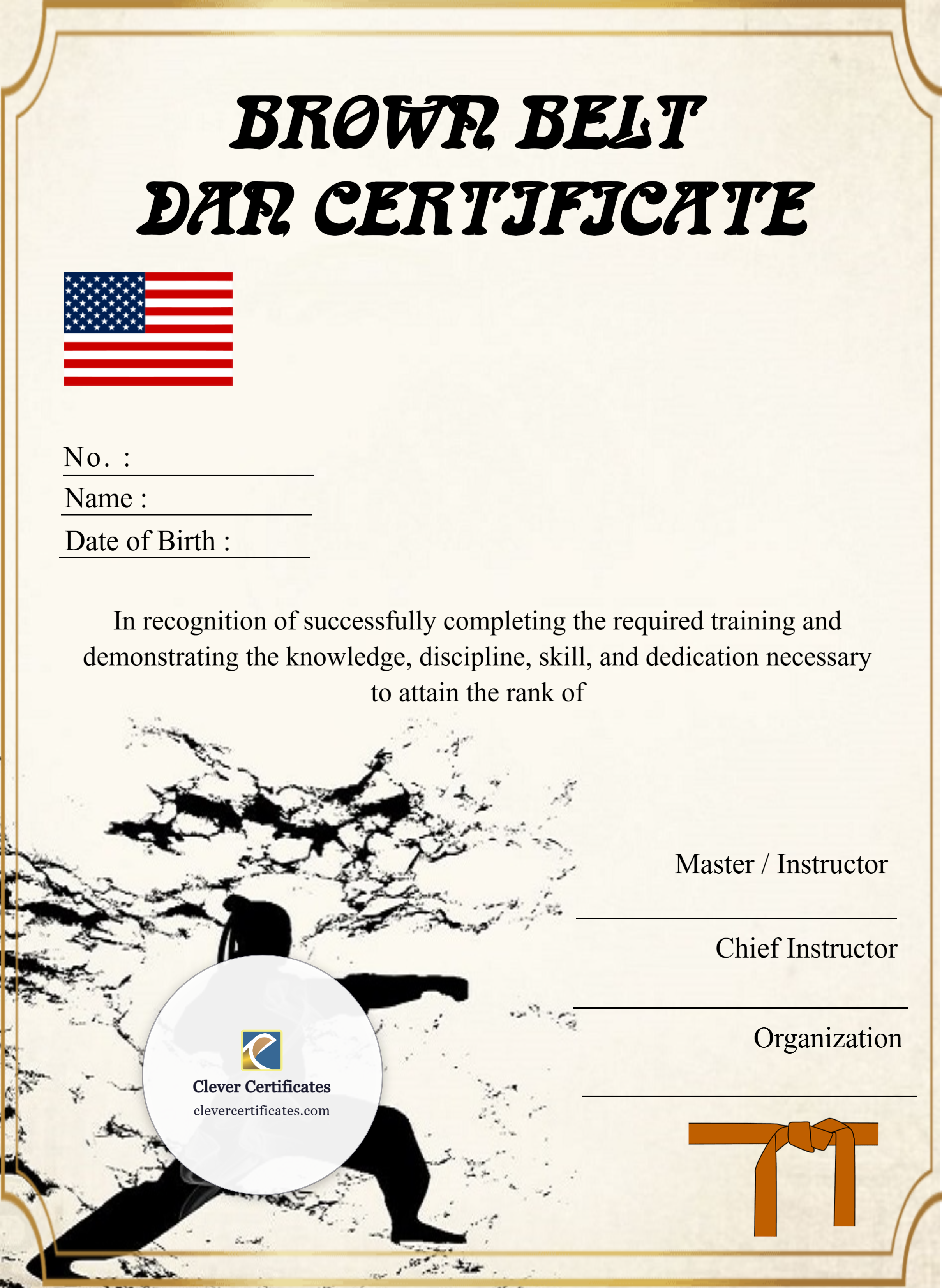 Editable Brown Belt Dan Certificate Portrait — Certificate Template Preview