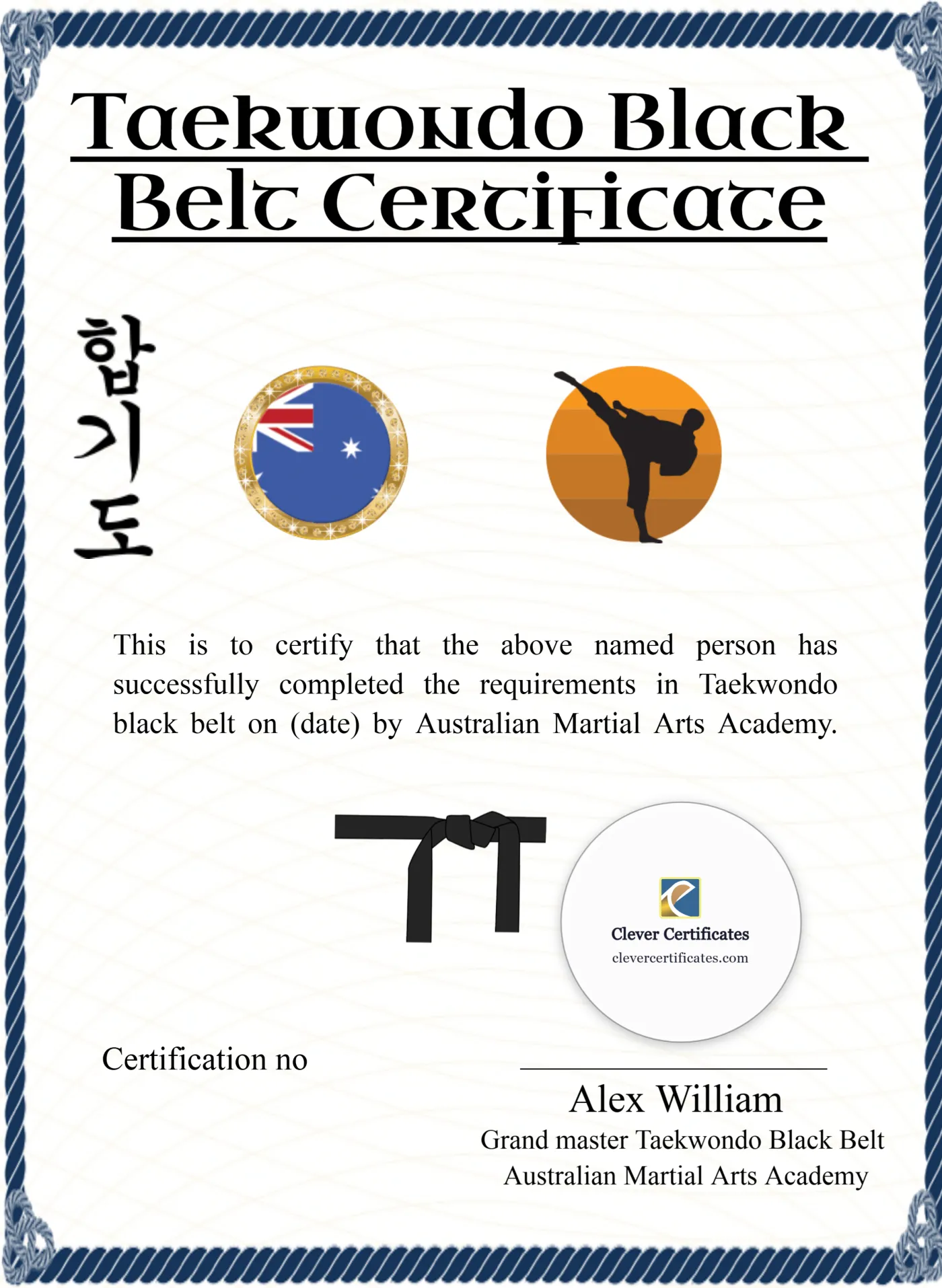 Taekwondo Black Belt Certificate Portrait Style 2 — Certificate Template Preview