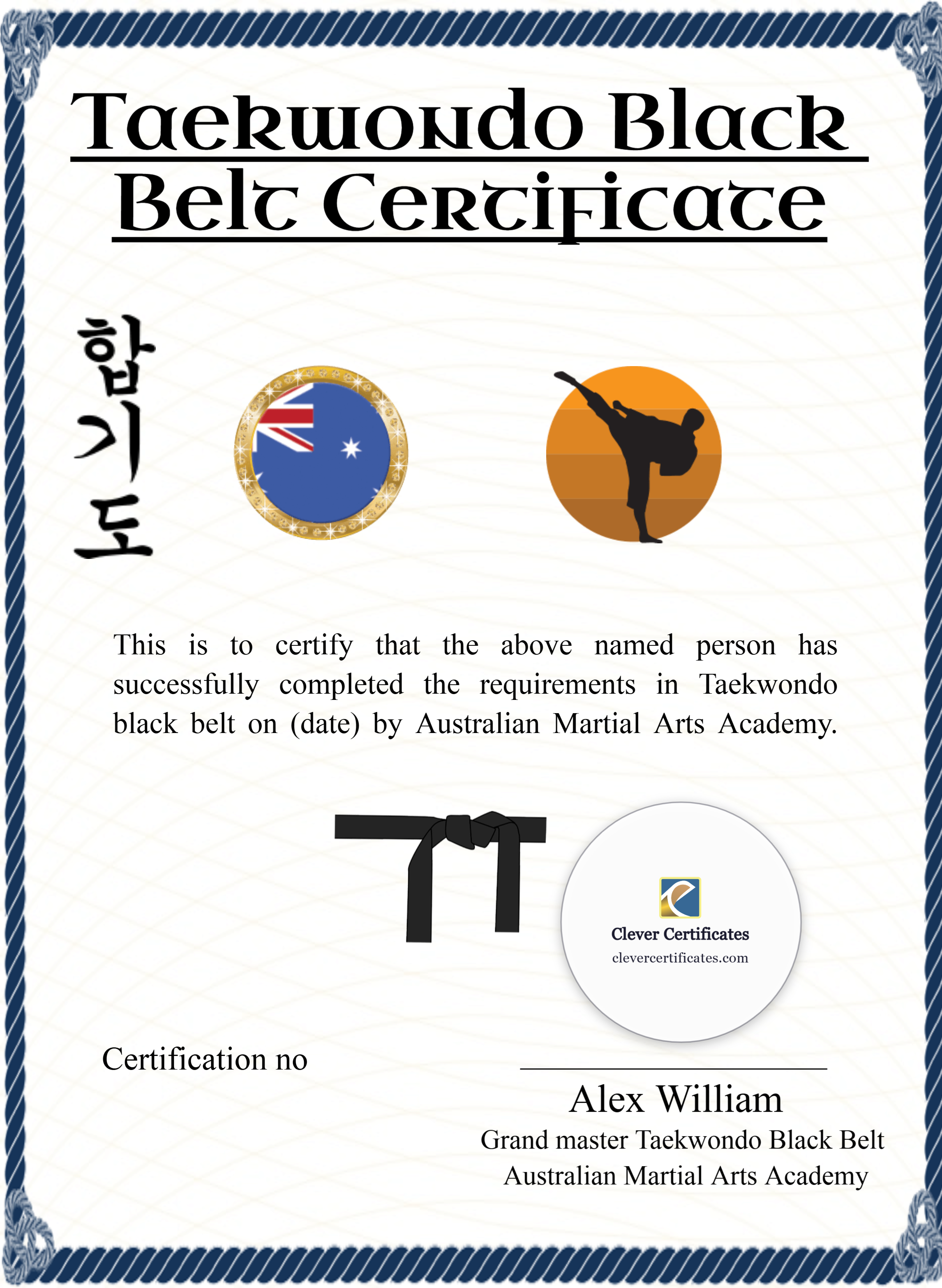 Taekwondo Black Belt Certificate Portrait Style 2 — Certificate Template Preview