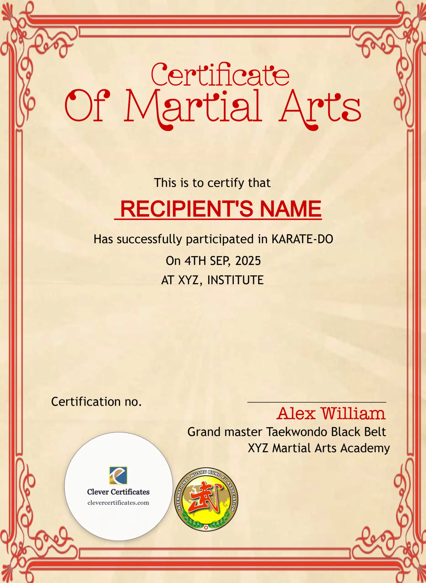Certificate Of Martial Arts Portrait — Certificate Template Preview
