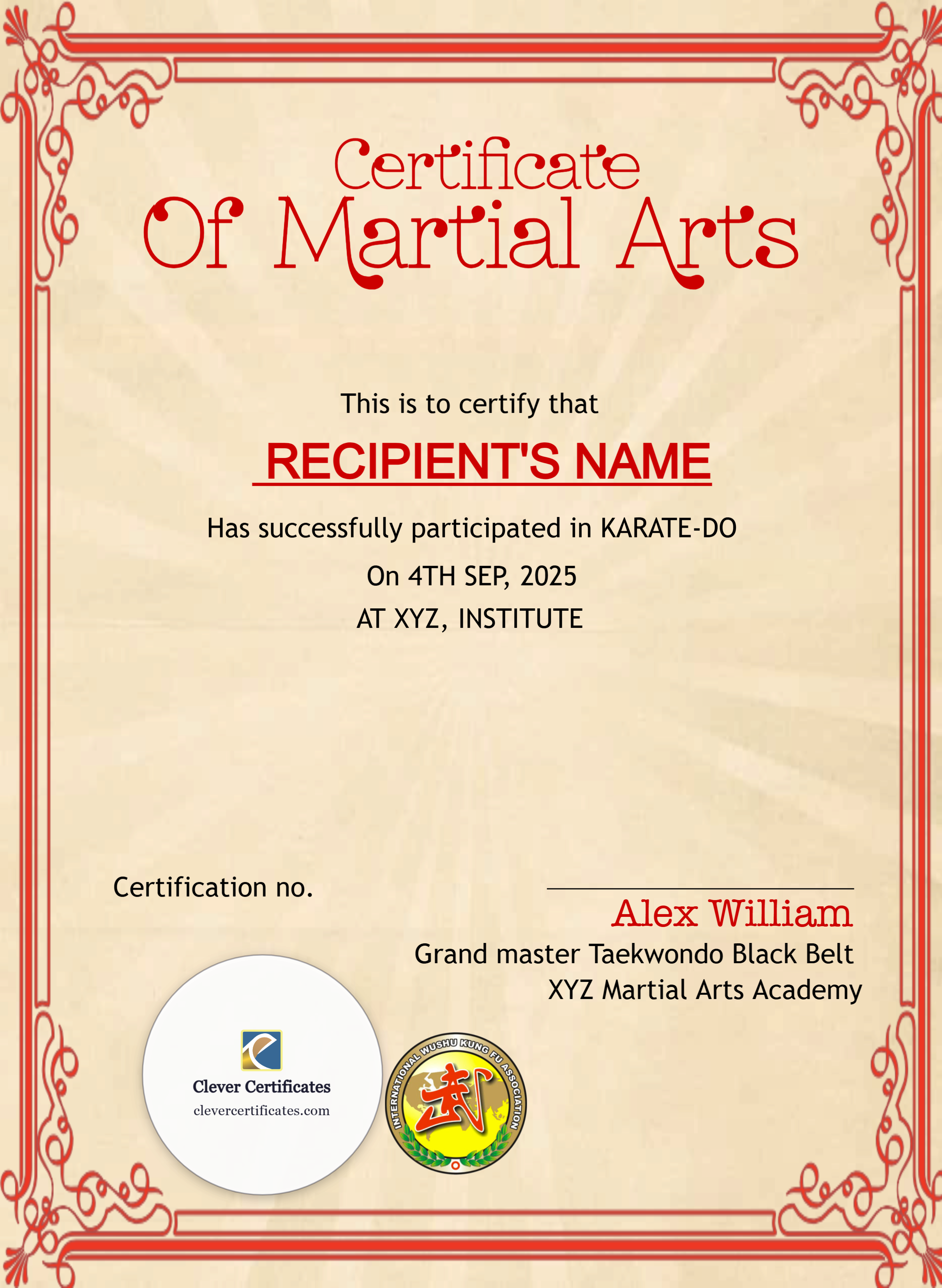 Certificate Of Martial Arts Portrait — Certificate Template Preview