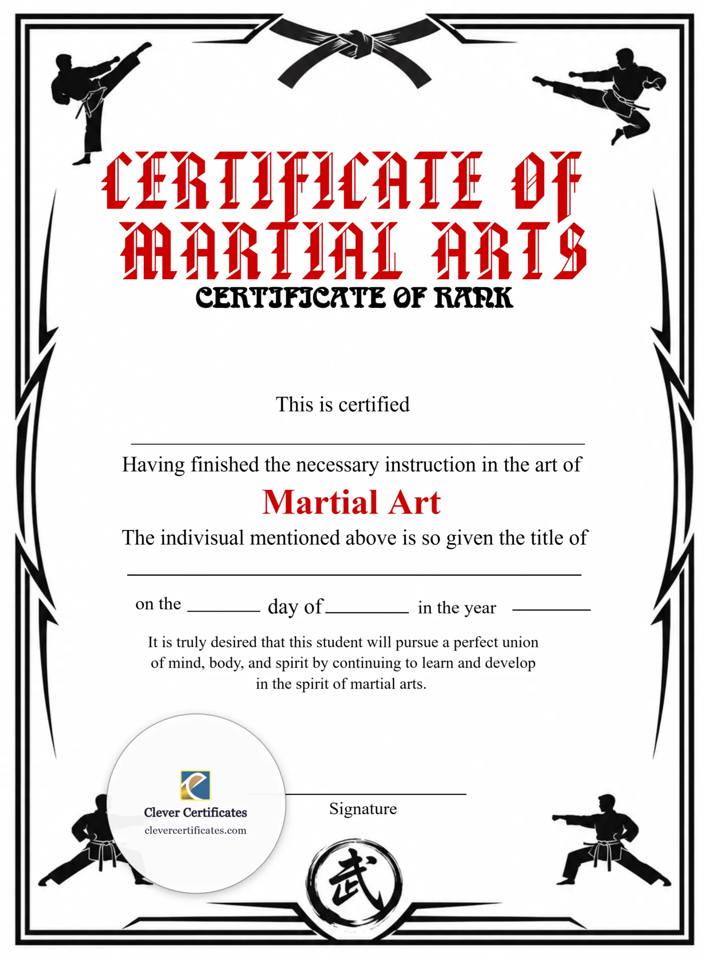 Printable Martial Arts Rank Certificate Portrait — Certificate Template Preview