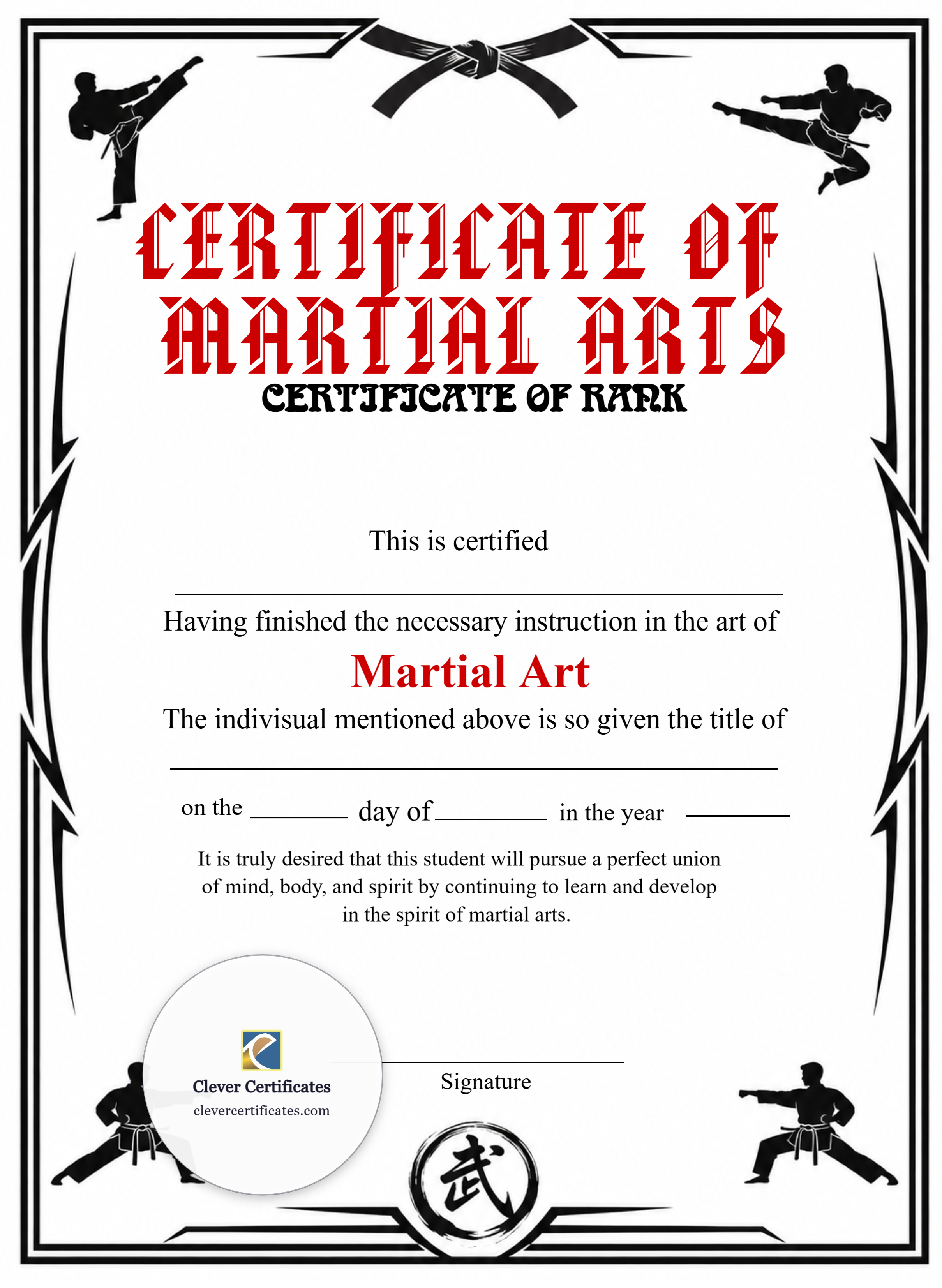Printable Martial Arts Rank Certificate Portrait — Certificate Template Preview