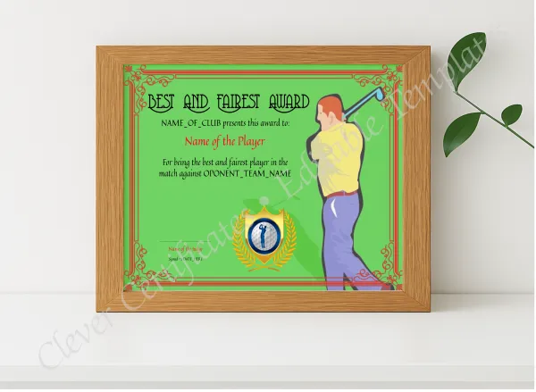 Realistic mockup featuring Fairest Golf Award displayed within a modern frame, set against a minimalistic background.