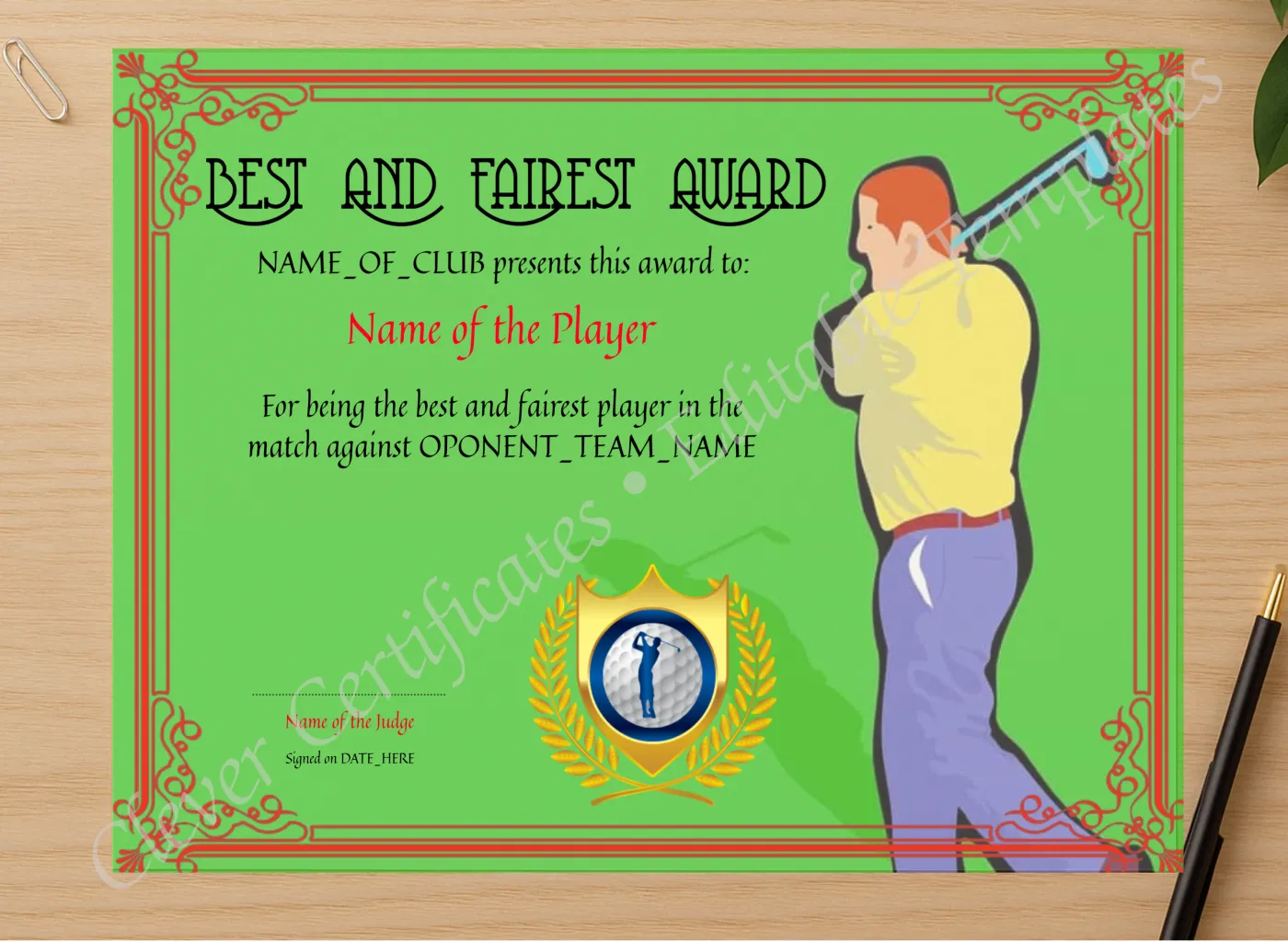 Professional preview of Fairest Golf Award certificate on high-quality stationery paper, ideal for showcasing the final look.