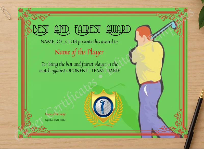 Professional preview of Fairest Golf Award certificate on high-quality stationery paper, ideal for showcasing the final look.