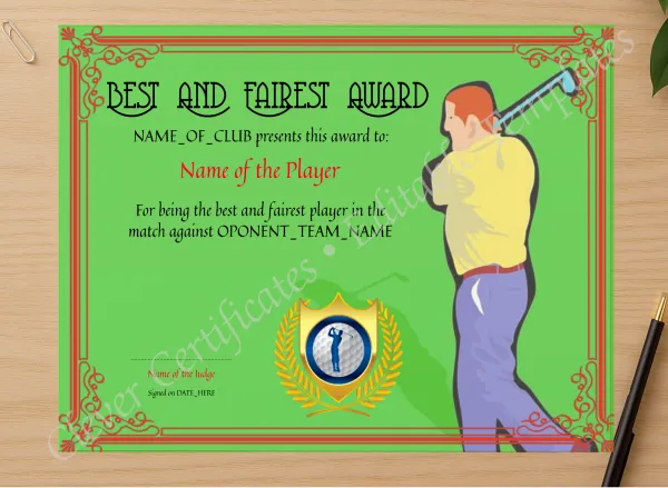 Professional preview of Fairest Golf Award certificate on high-quality stationery paper, ideal for showcasing the final look.