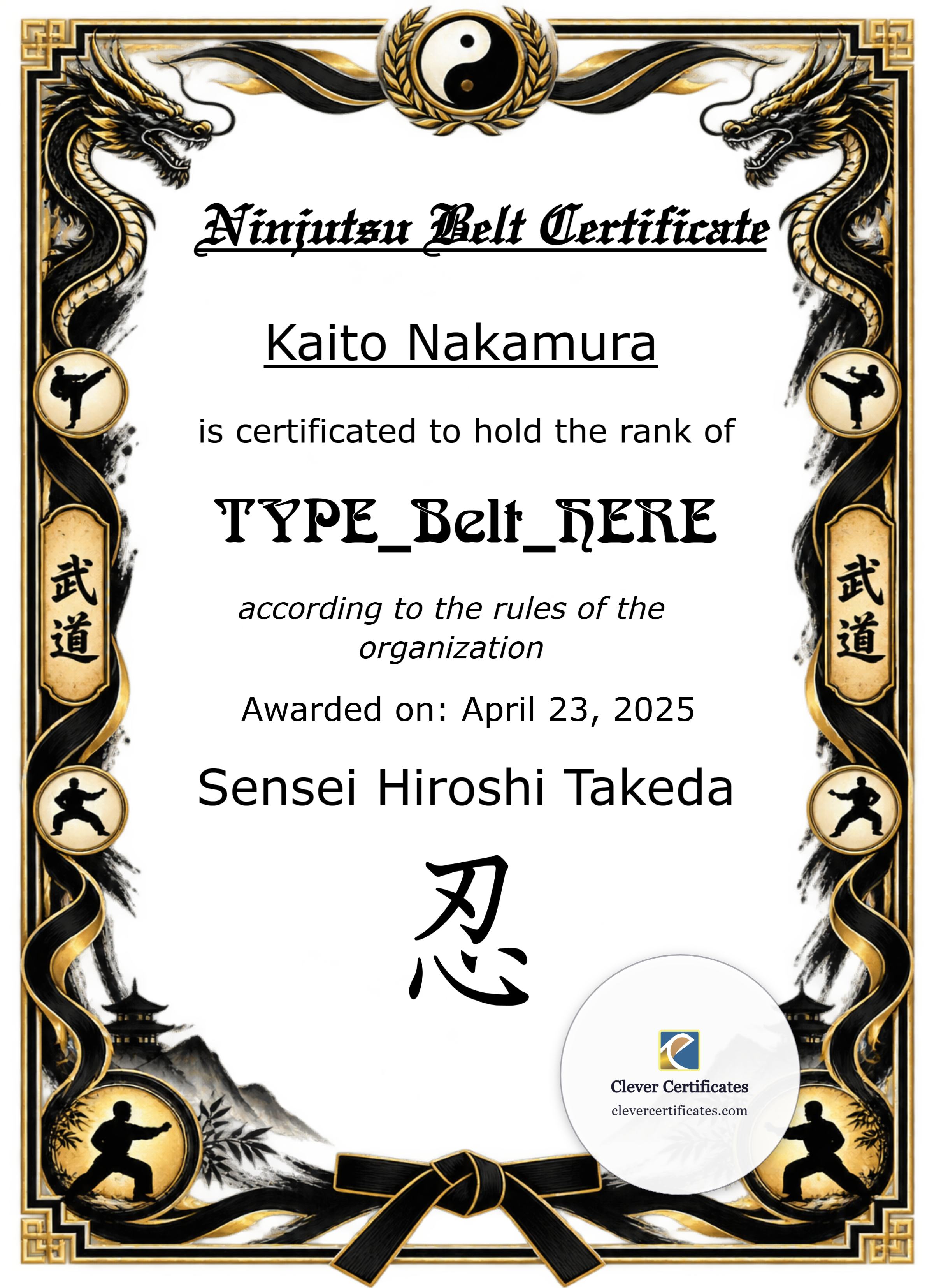 Ninjutsu Belt Certificate Portrait — Certificate Template Preview