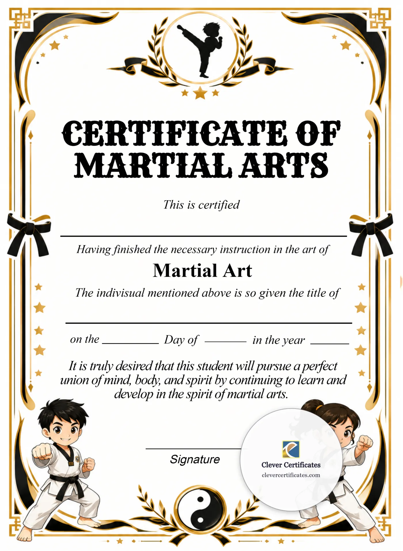 Editable Kids Martial Arts Certificate Portrait — Certificate Template Preview