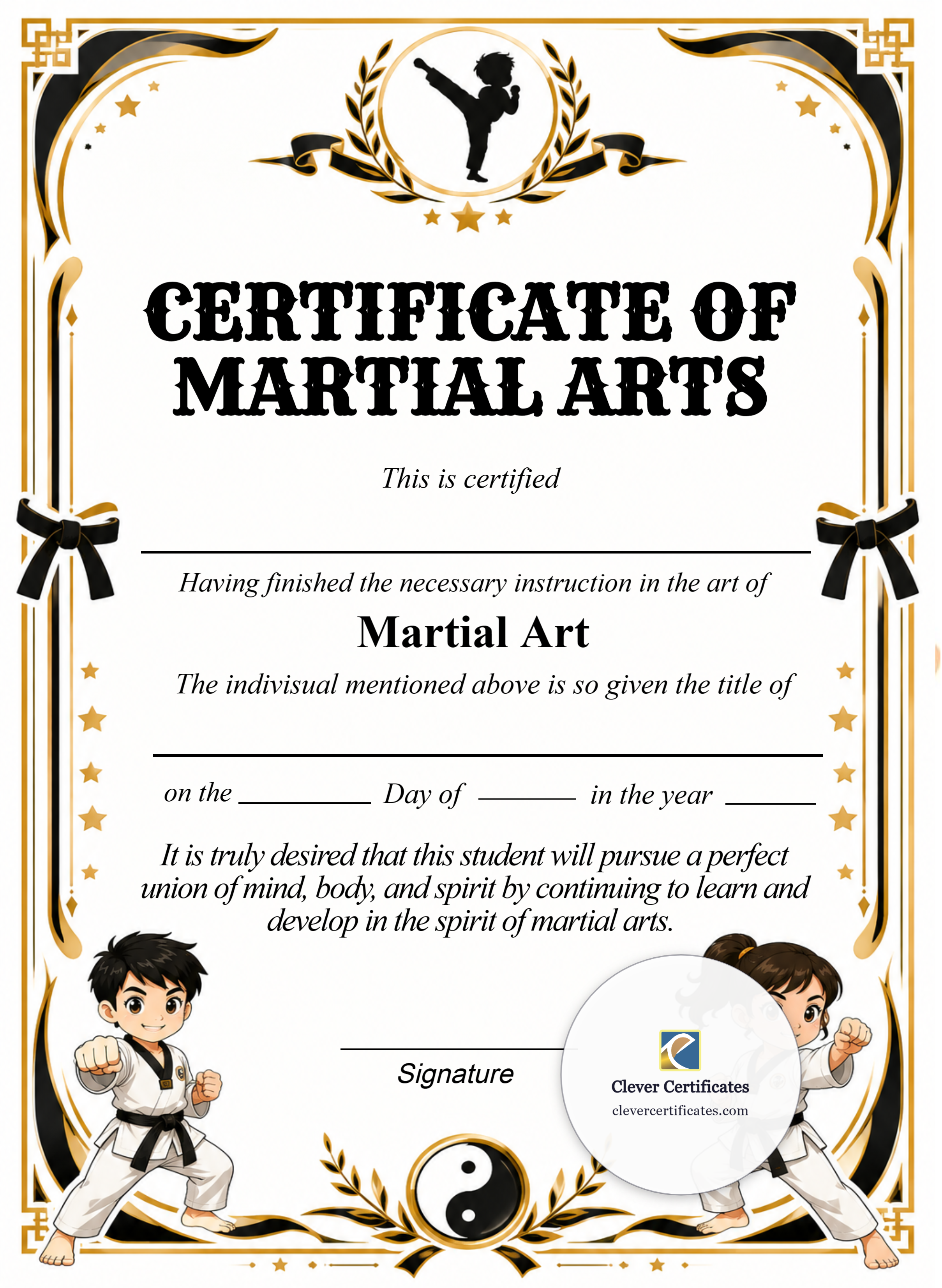 Editable Kids Martial Arts Certificate Portrait — Certificate Template Preview