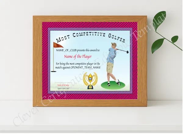 Realistic mockup featuring Most Competitive Golfer Award displayed within a modern frame, set against a minimalistic background.