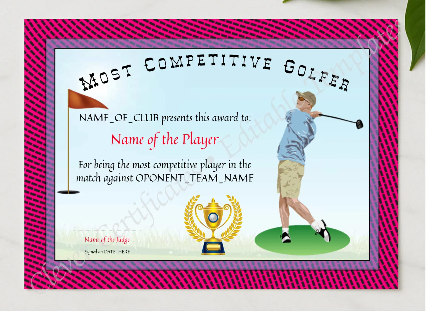 Most Competitive Golfer Award presented in a sleek wooden frame, elegantly arranged on a stylish table.