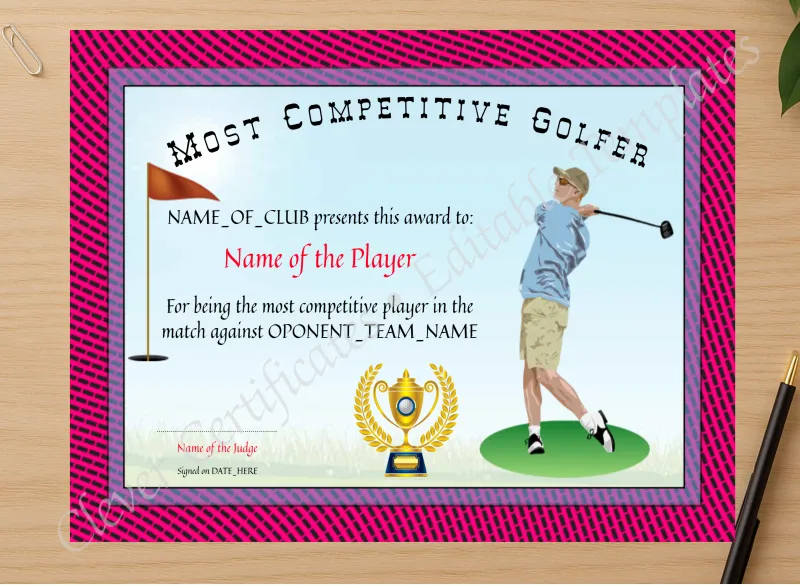 Professional preview of Most Competitive Golfer Award certificate on high-quality stationery paper, ideal for showcasing the final look.