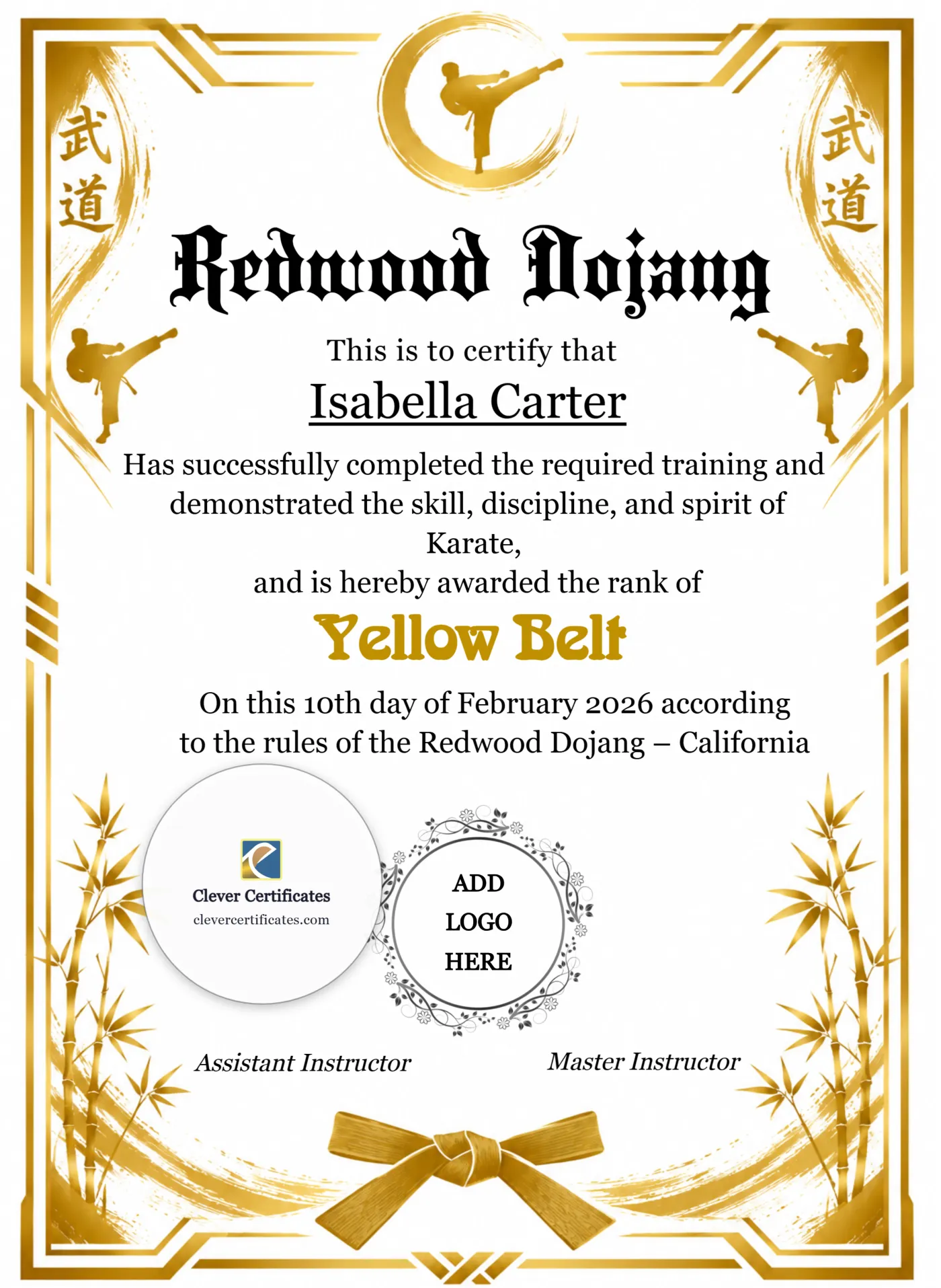 Karate Yellow Belt Certificate Portrait — Certificate Template Preview
