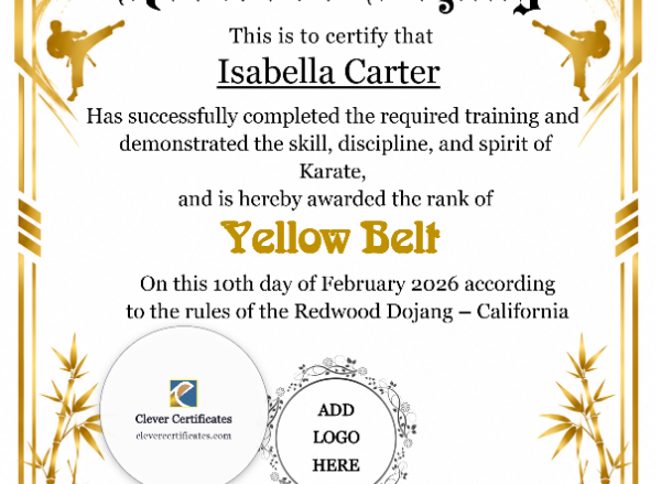 Karate Yellow Belt Certificate Portrait — Certificate Template Preview