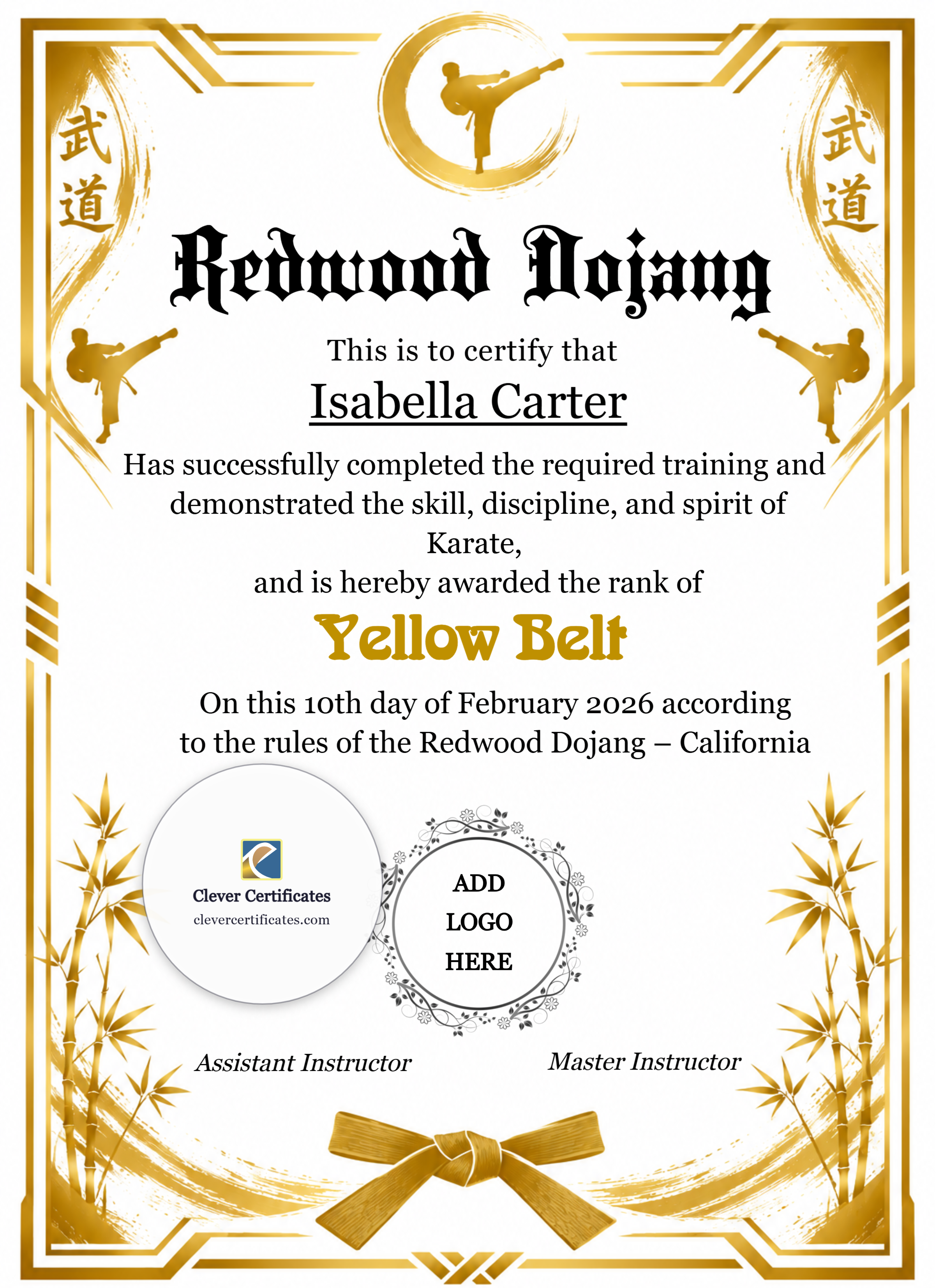 Karate Yellow Belt Certificate Portrait — Certificate Template Preview