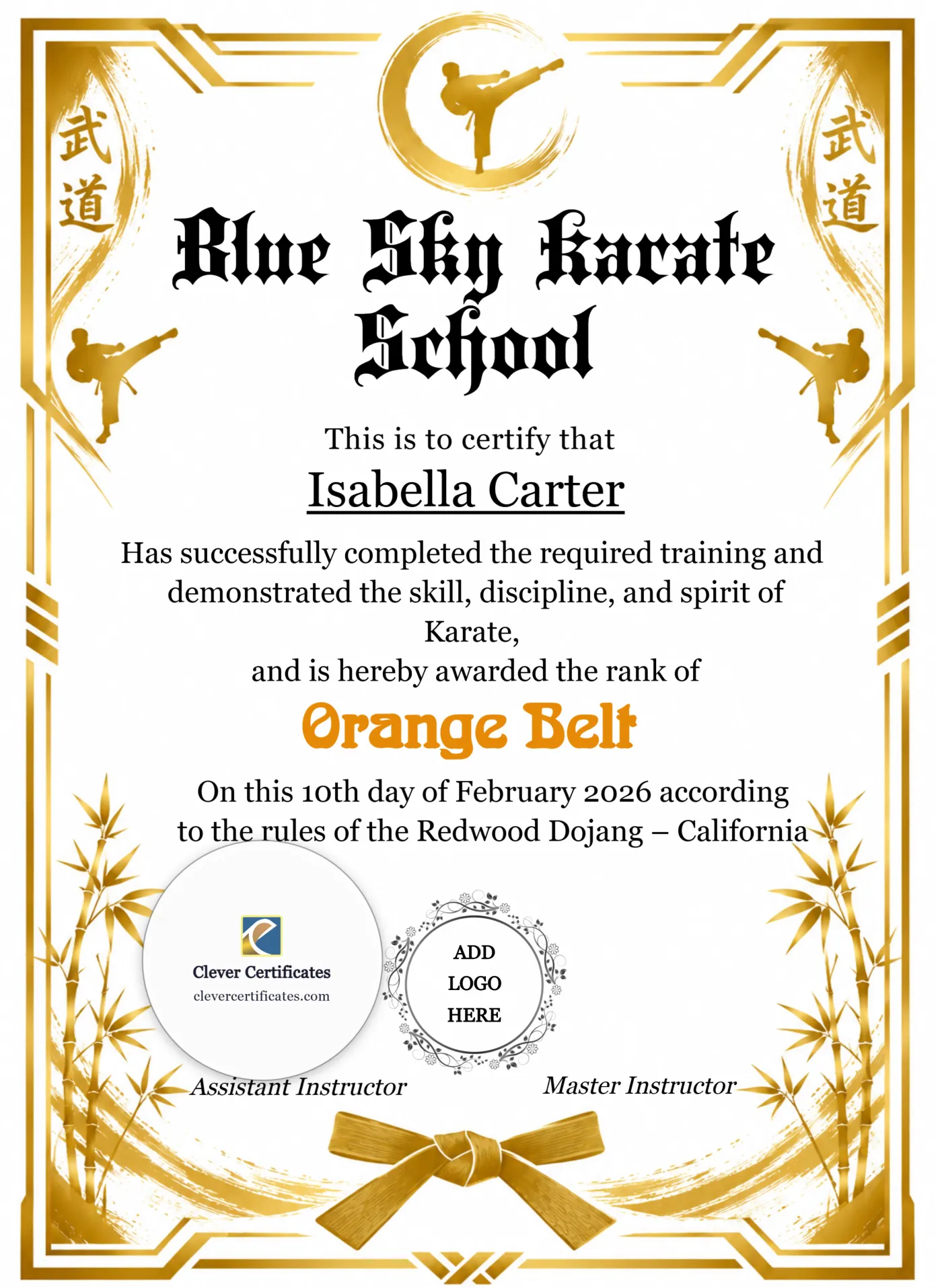 Karate Orange Belt Certificate Portrait — Certificate Template Preview
