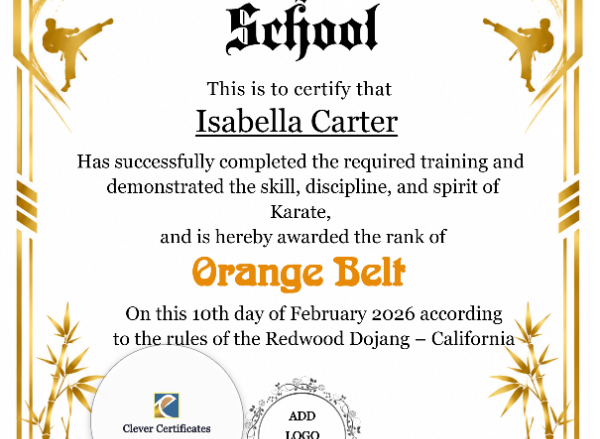 Karate Orange Belt Certificate — Portrait